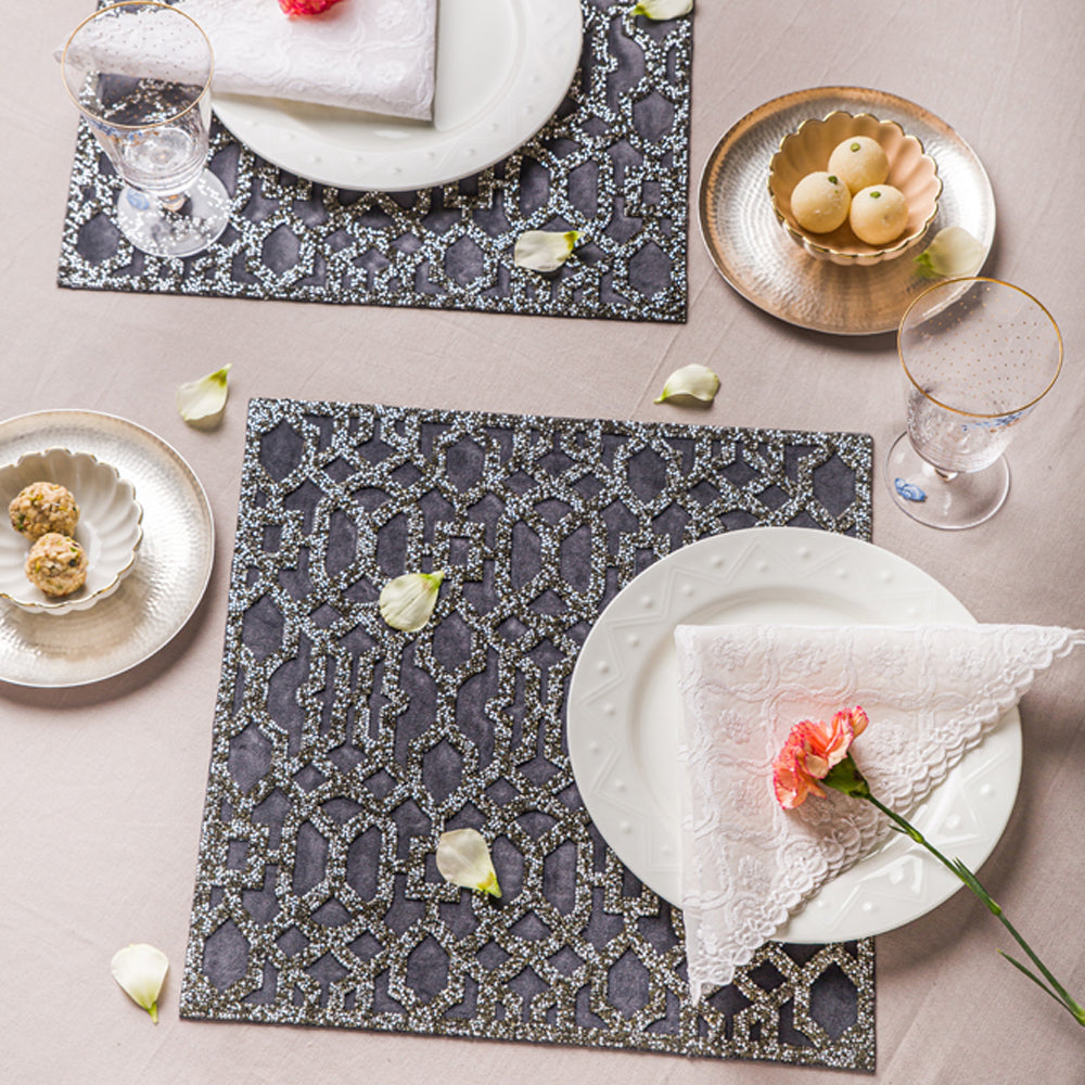 Fiona Grey Rhinestone Table Mat Set of 2 - Elegant Crystal Placemats for Dining Table Decor, Wedding & Party Table Setting
