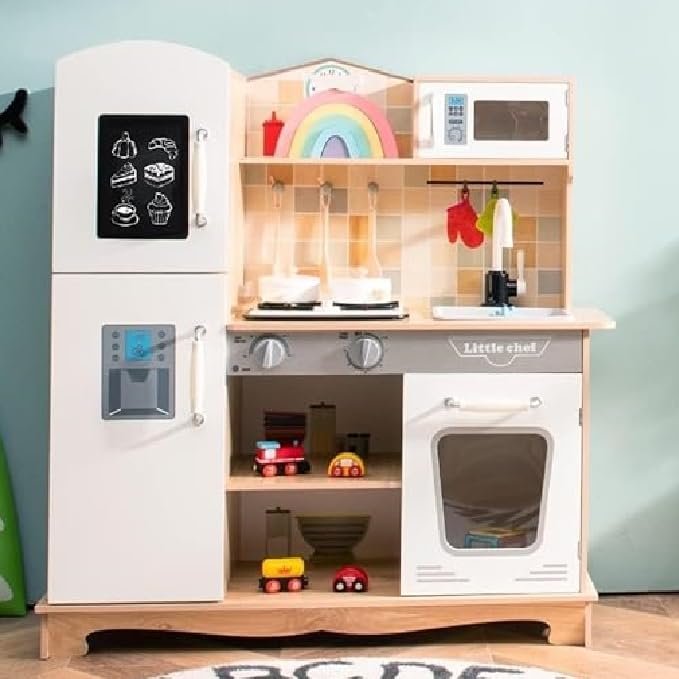 Costzon Wooden Kids Kitchen Playset with Light & Sound - Pretend Play Kitchen Toy for Toddlers Age 3+ | Includes Microwave, Oven, Sink, Ice Maker & Cooking Accessories | Perfect Gift for Boys & Girls - Great for Imaginative Play & Early Learning