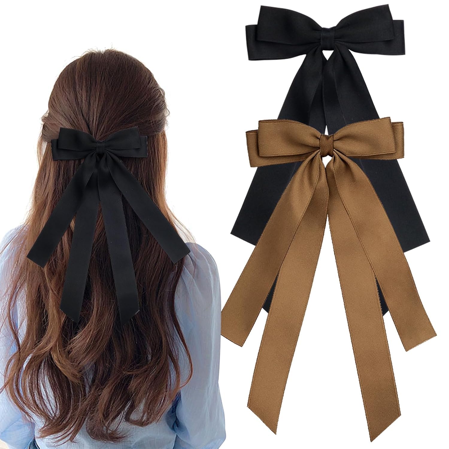 Elegant Black & Coffee Bow Hair Clips 2-Piece Set for Women & Girls - Long Tail Ribbon Hair Accessories with Alligator Clips | Perfect for School, Parties & Everyday Hairstyles