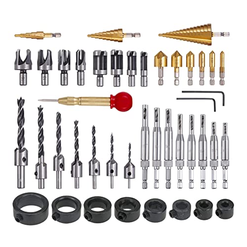 Rocaris 42-Piece Woodworking Drill Bit Set - 34 Countersink Bits & 8 Stop Collars for Precision Chamfering | Perfect for DIY Projects, Furniture Making & Cabinet Installation