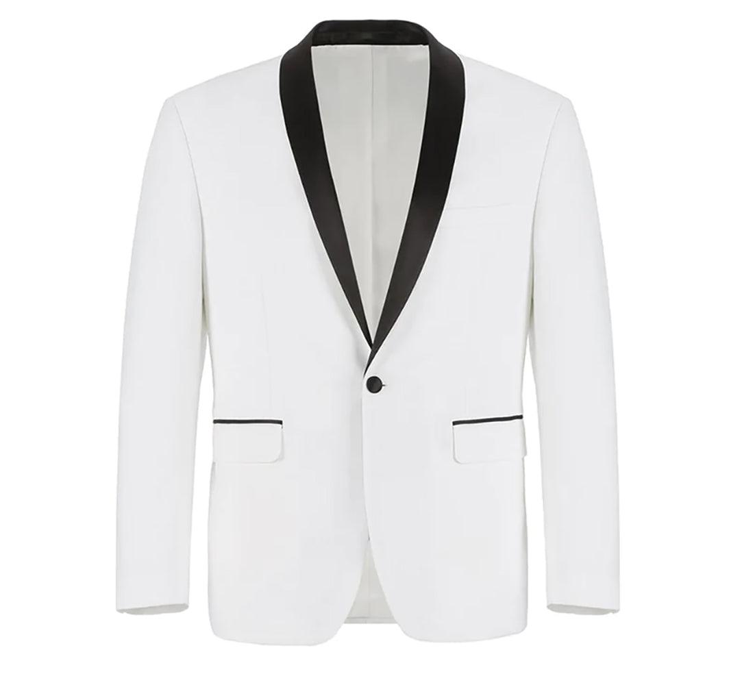 Slim Fit White Dinner Jacket with Black Shawl Lapel - Elegant Mens Formal Wear for Weddings, Prom & Black Tie Events