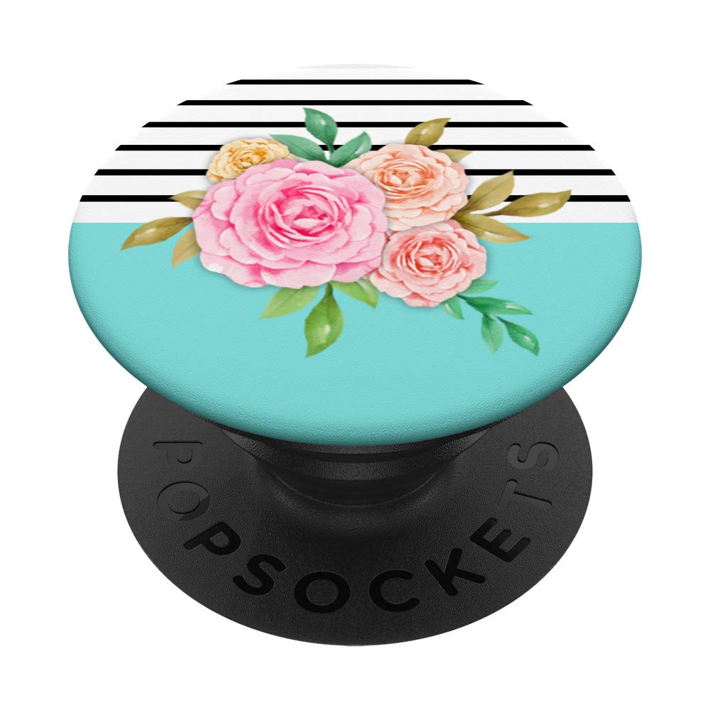 Grip Stripes Mint Floral Chic Pink Rose PopSocket PopGrip: Swappable Phone & Tablet Grip for Stylish Protection and Convenient Use at Home, Office, or Travel