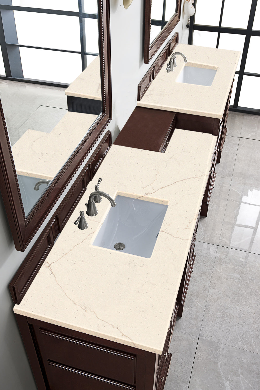 De Soto 118 Double Vanity Set with Makeup Table - Burnished Mahogany Finish & 3CM Eternal Marfil Quartz Top | Bathroom Vanity for Master Bath, Guest Bath & Powder Room