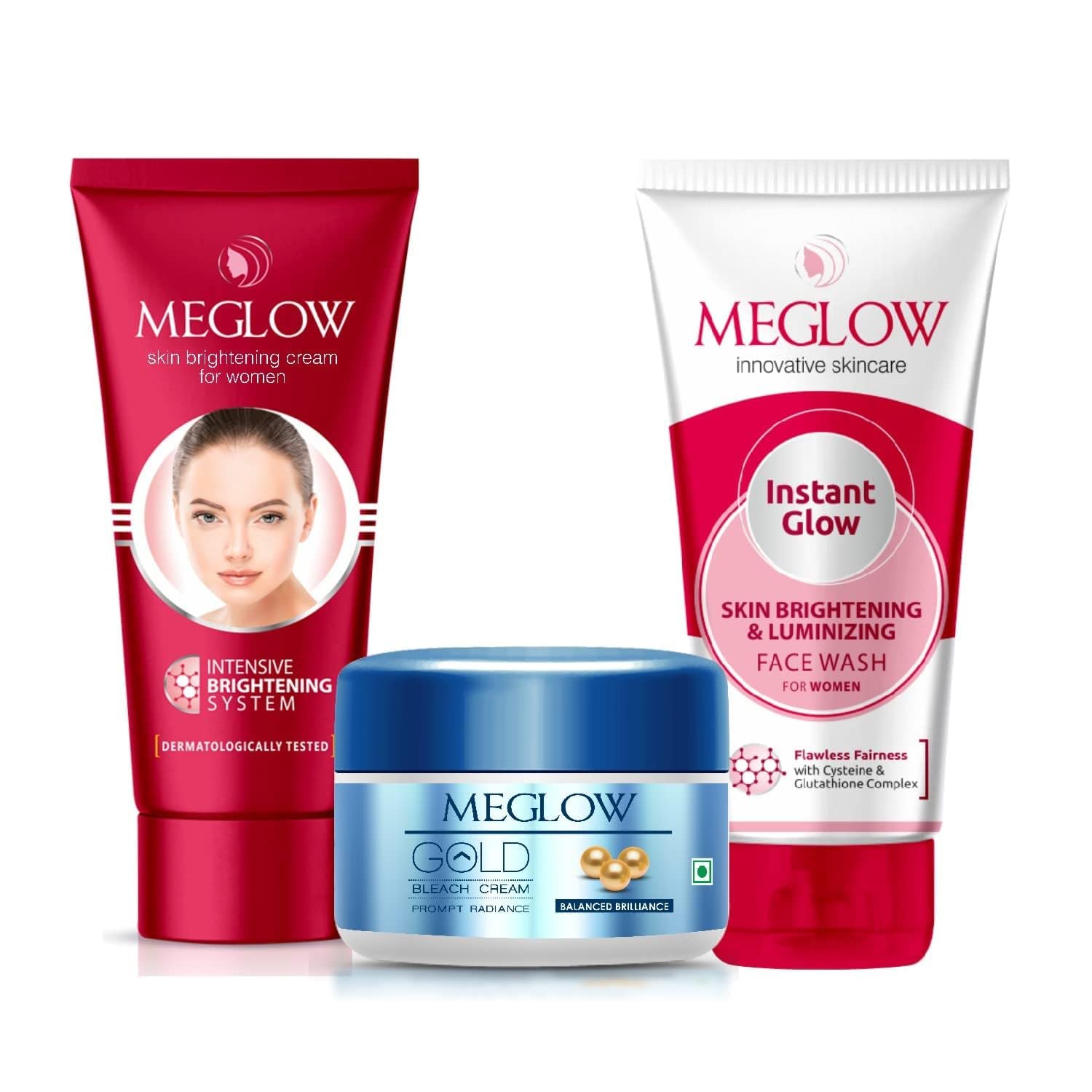 Meglow Skin Care Combo Pack - Gold Bleach Cream (50g), Aloe Vera & Vitamin E Face Cream (50g), Instant Glow Face Wash (70g) for Brightening & Radiant Skin | Women's Skincare Routine for Daily Use & Special Occasions