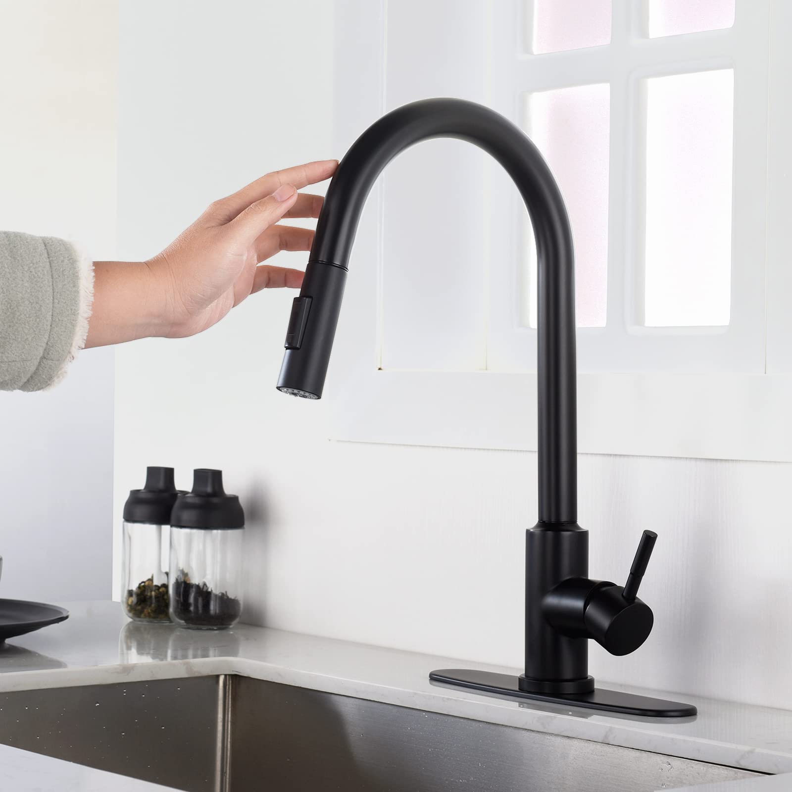 High Arc Pull Down Sprayer Kitchen Faucet - Brushed Nickel Stainless Steel Single Handle Touch Control Sink Faucet for Modern Kitchens | Single Hole Deck Mount, Matte Black Finish | Perfect for Washing Dishes, Filling Pots & Cleaning Large Cookware