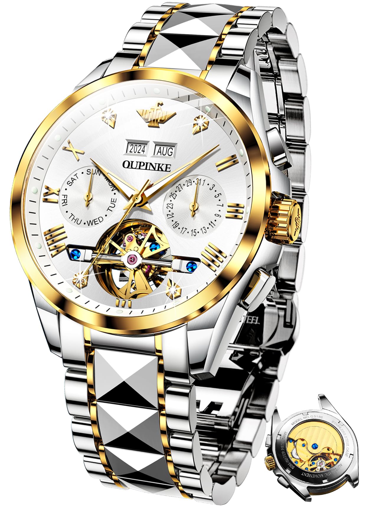 Premium Men's Automatic Skeleton Watch with Diamond Accents - Self-Winding Mechanical Dress Watch - Sapphire Crystal & Tungsten Case - Perfect for Business, Formal Events & Luxury Gifting