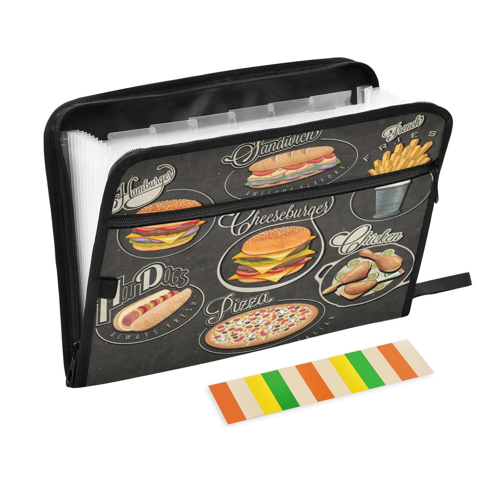 KFBE 13-Pocket Expanding File Folder with Zipper Closure - Letter/A4 Size Hamburger-Themed Accordion Organizer with Sticky Labels - Perfect for Office Documents, School Papers, Tax Records & Home Organization