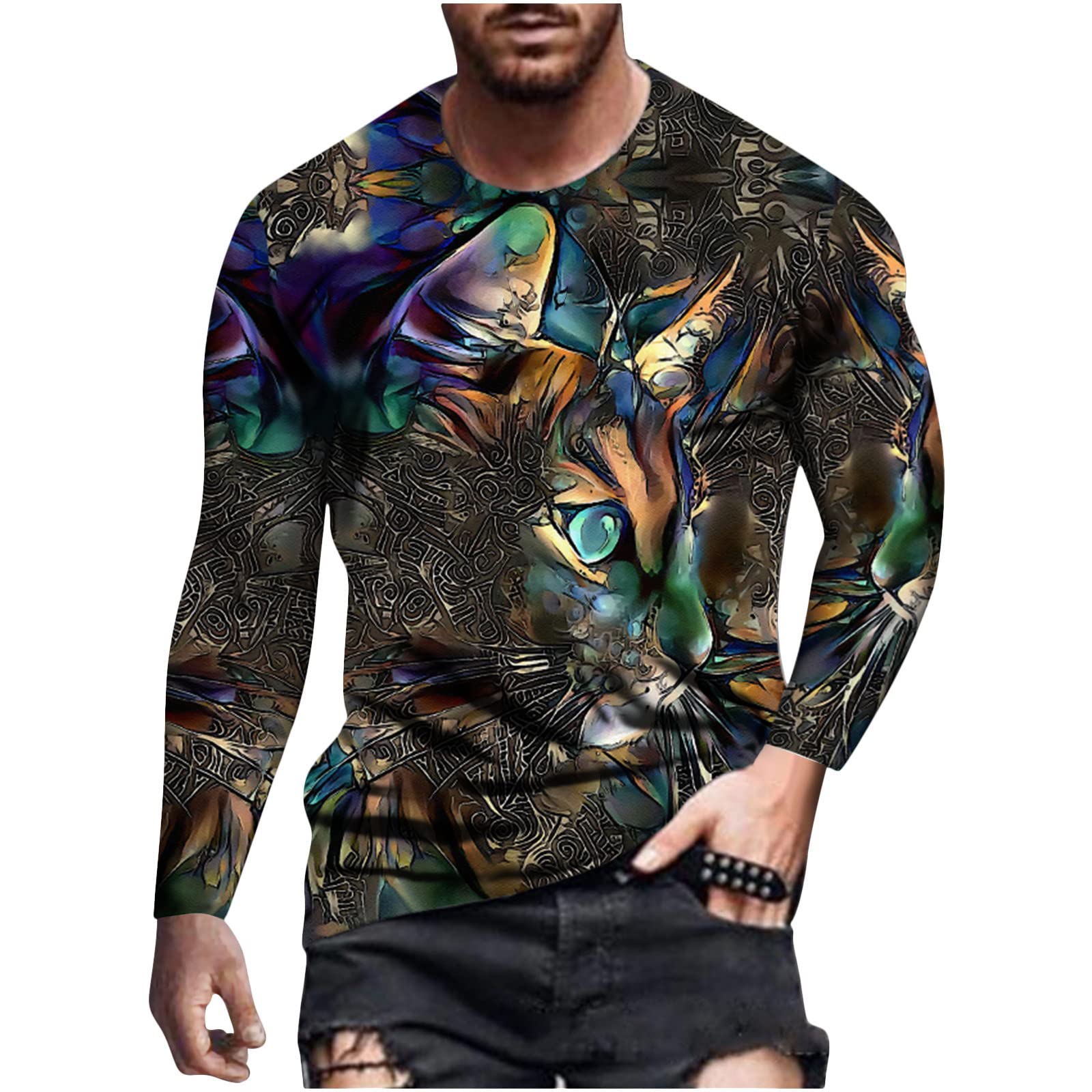 Stylish Men's 3D Lion Print Long Sleeve T-Shirt - Fashionable Graphic Round Neck Pullover Tee for Casual Wear | Perfect for Streetwear, Parties & Everyday Outfits