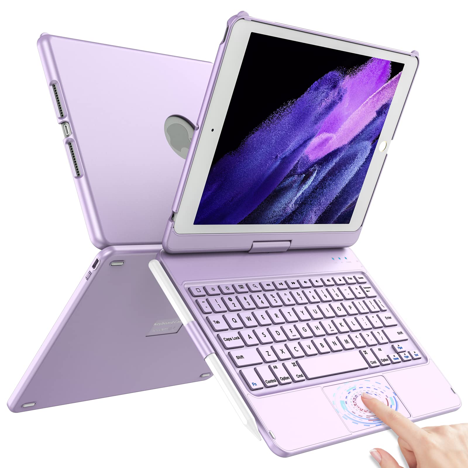 TQQ Touch iPad 9th Generation Keyboard Case (10.2 Inch 2021 Model) - Multi-Touch Trackpad, 360° Rotating Protective Cover with Apple Pencil Holder - Compatible with iPad 7th/8th/9th Gen - Perfect for Work, Study & Travel (Purple)