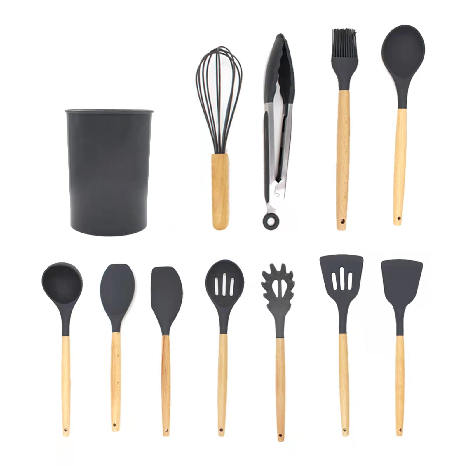 Silicone Cooking Utensils Set - 12 Pc Wooden Handle Kitchen Tools for Nonstick Cookware, Easy to Clean Spatulas & Kitchen Gadgets (Grey) - Perfect for Baking, Frying & Everyday Cooking