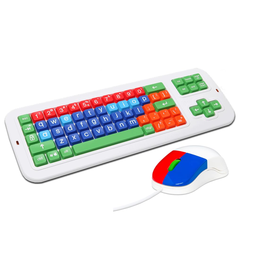 Clevy Kids Mouse and Keyboard Bundle - Spill-Proof Large Print Lowercase Keyboard & Ergonomic Mouse for Children - Compatible with Windows & Mac OS - Perfect for Homeschooling, Online Learning & Typing Practice