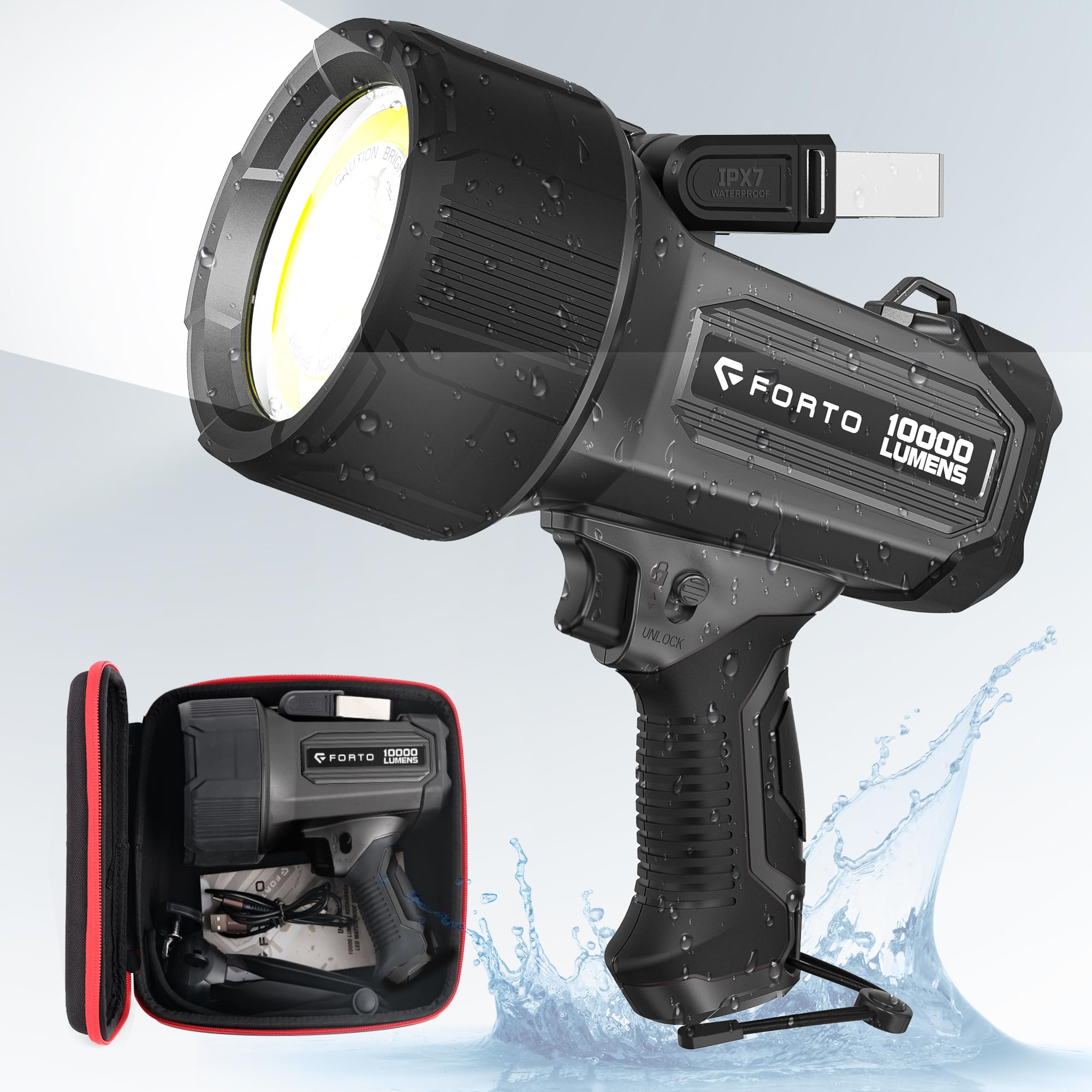 FORTO 10000 Lumen Rechargeable Spotlight - Ultra Bright IPX7 Waterproof Flashlight with 7 Light Modes & Tripod | Includes EVA Carrying Case | Perfect for Marine Boating, Hunting, Camping & Emergency Use