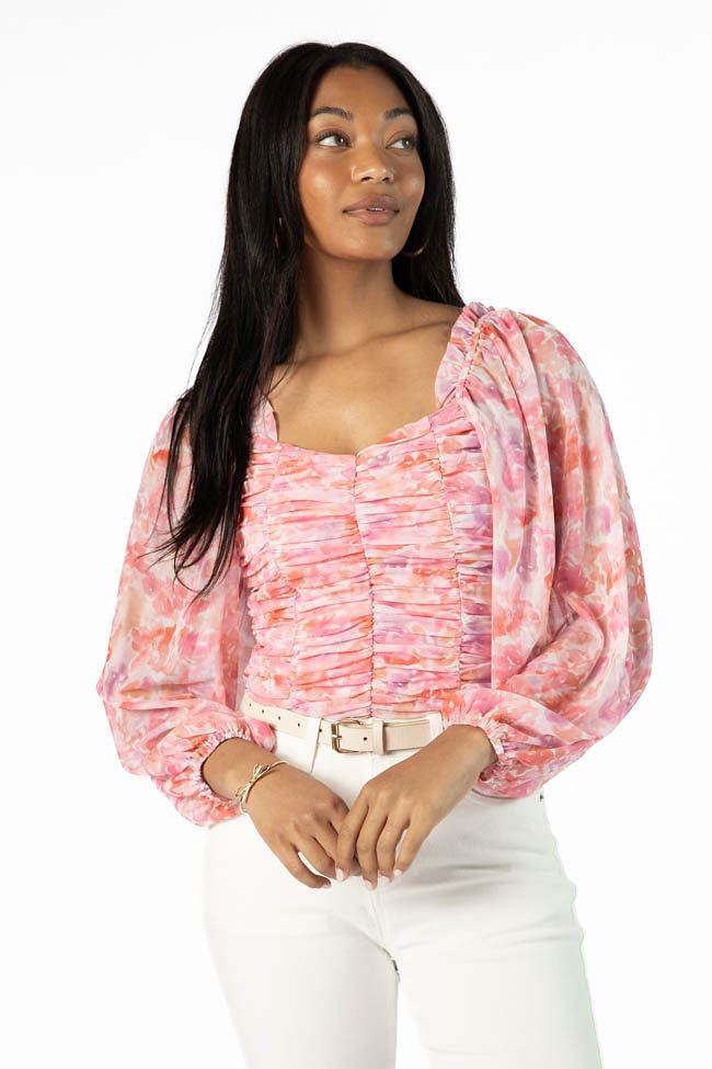 Show Me The Way Pink Multi Ruched Balloon Sleeve Floral Bodysuit - Women's Fashion Bodycon Outfit for Party, Date Night & Special Occasions