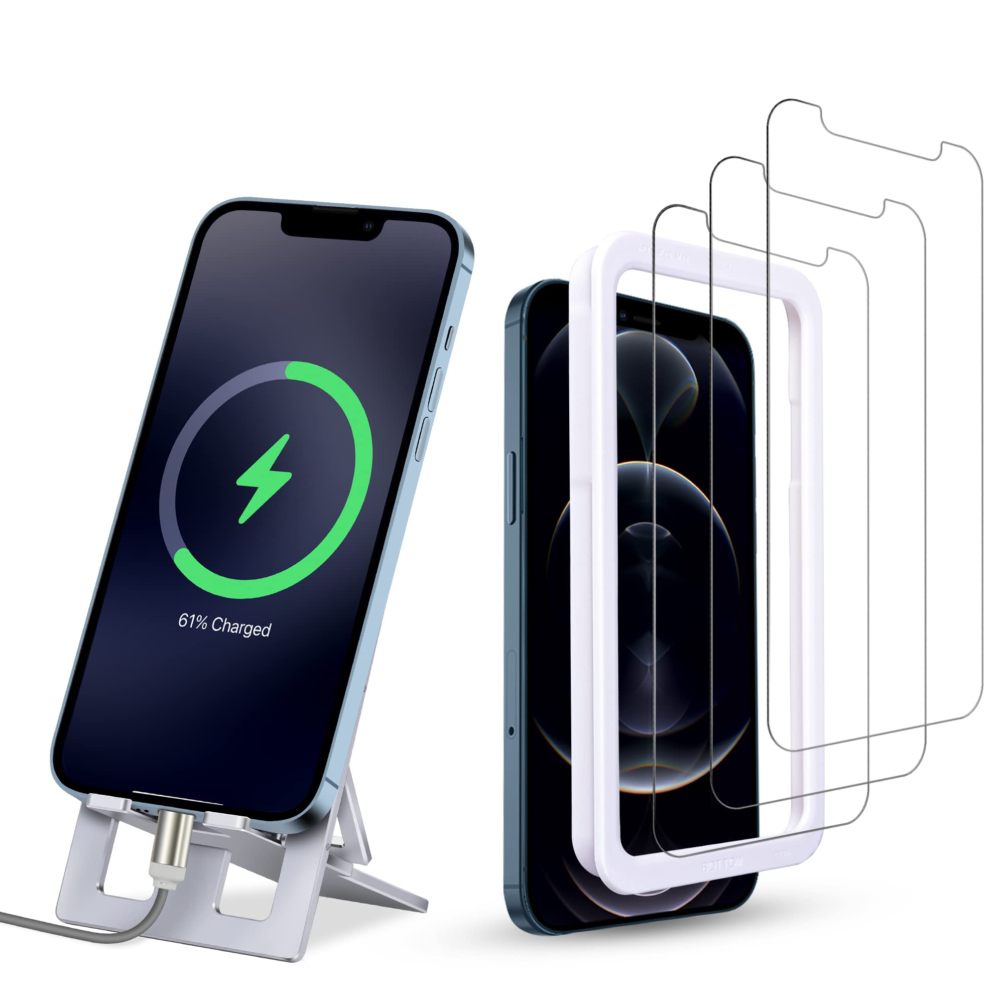 iPhone 12 Pro Max Screen Protector 3-Pack with Adjustable Phone Stand - Perfect for Office & Travel Use
