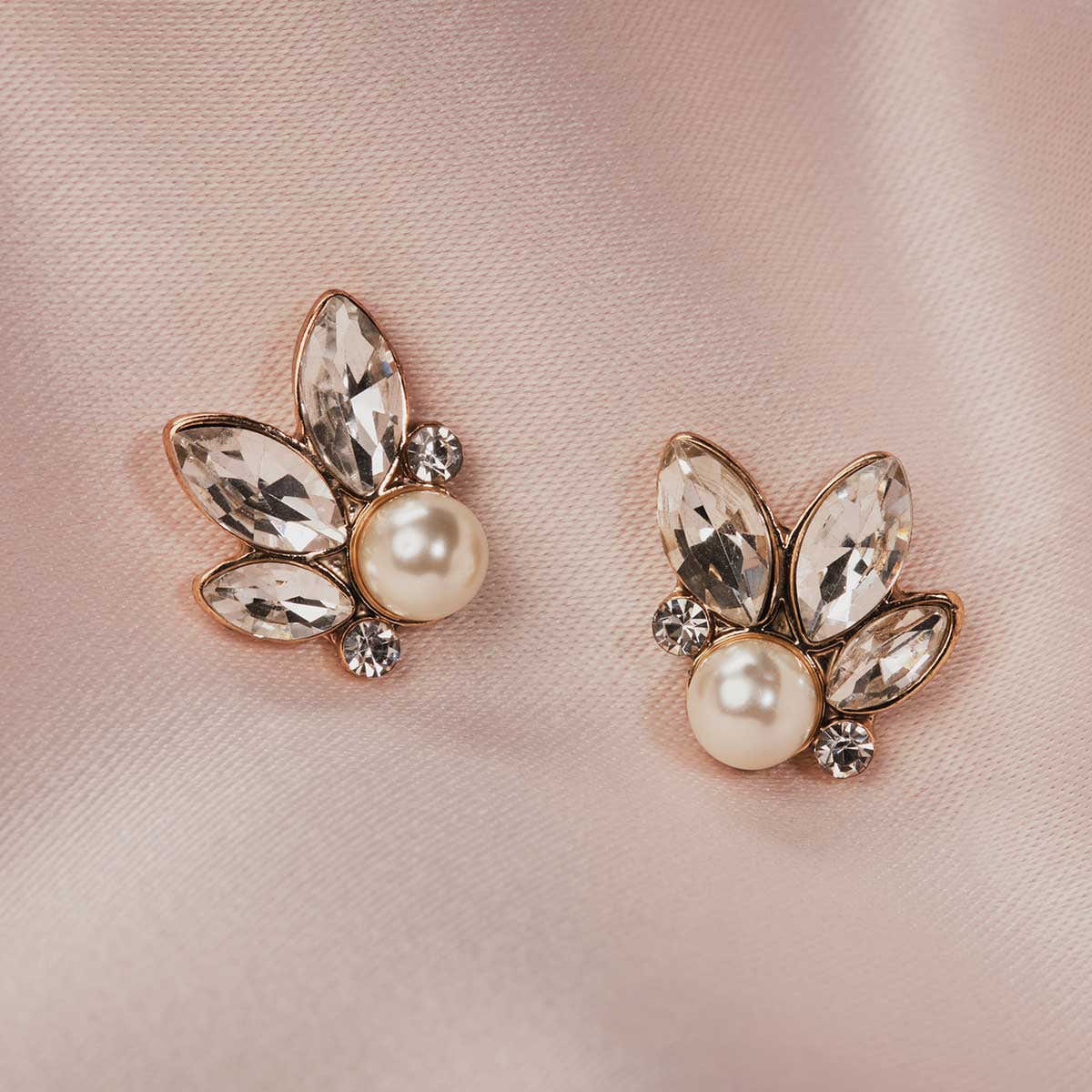 Vintage Crystal Earrings with Leaf Design and Pearl Accents - Elegant Stud Earrings for Women, Perfect for Weddings, Parties & Daily Wear