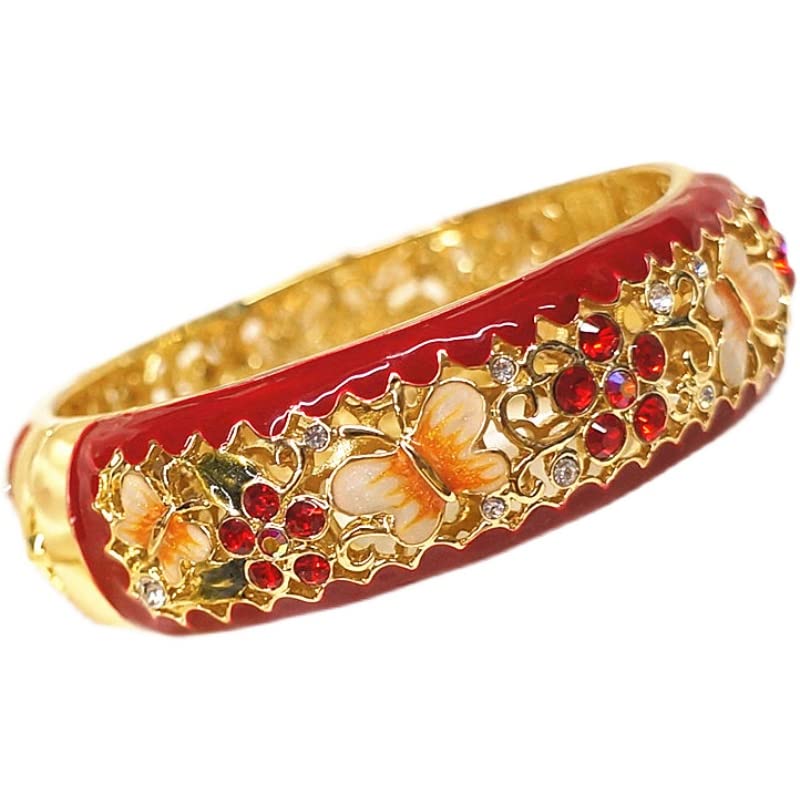 Exquisite Handcrafted Cloisonne Enamel Butterfly Rhinestone Wide Cuff Bracelet - Elegant Fashion Jewelry for Women, Gold-Plated Statement Bangle - Perfect Birthday Gift, Anniversary Present & Party Accessory (Ideal for Weddings, Date Nights & Special Occasions)