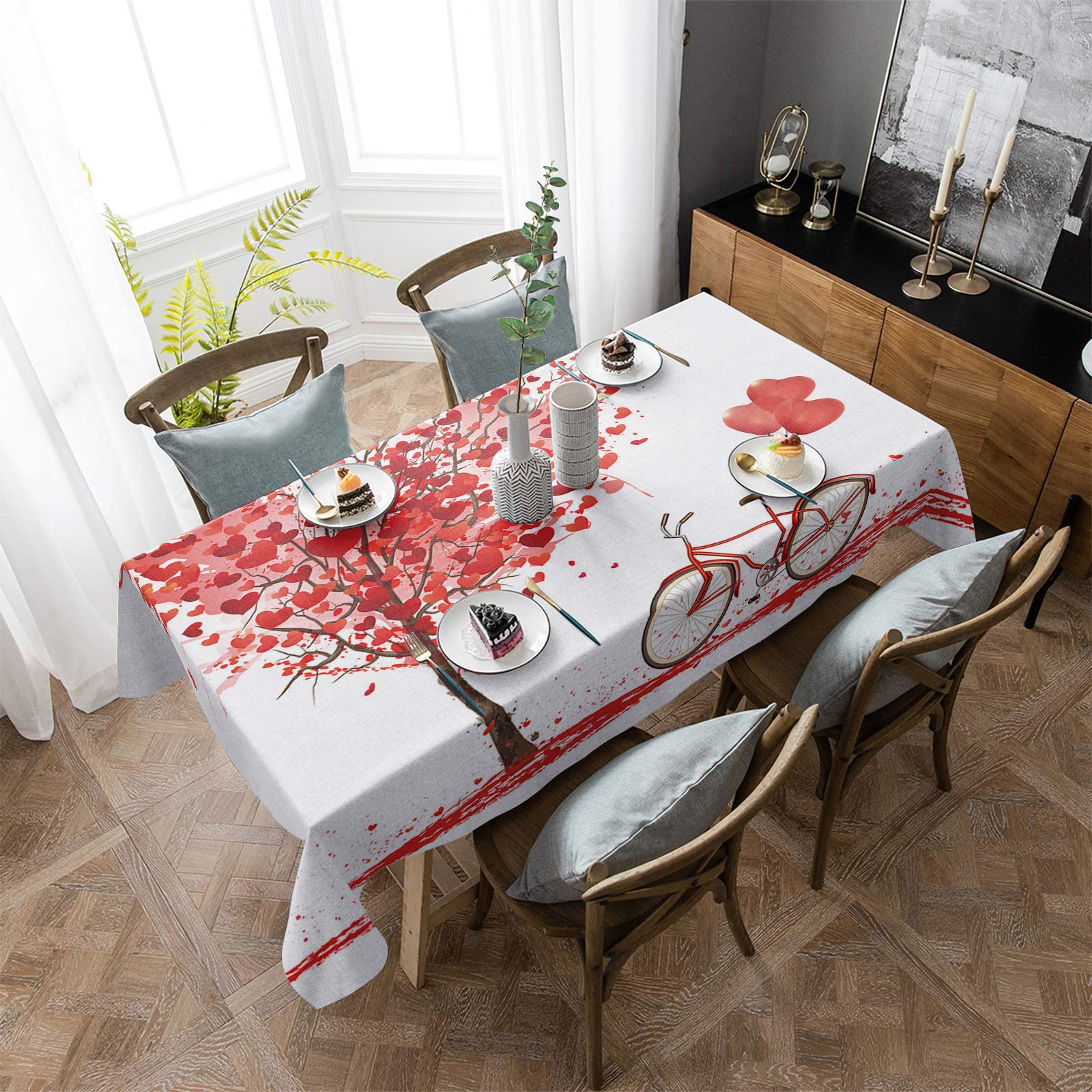 Valentine's Day Tablecloth - 54x108 Inch Waterproof Polyester Rectangle Table Cover with Love Tree & Balloons Design for Kitchen, Dining Table, Holiday Party Decor - Perfect for Romantic Dinners, Anniversary Celebrations & Festive Gatherings