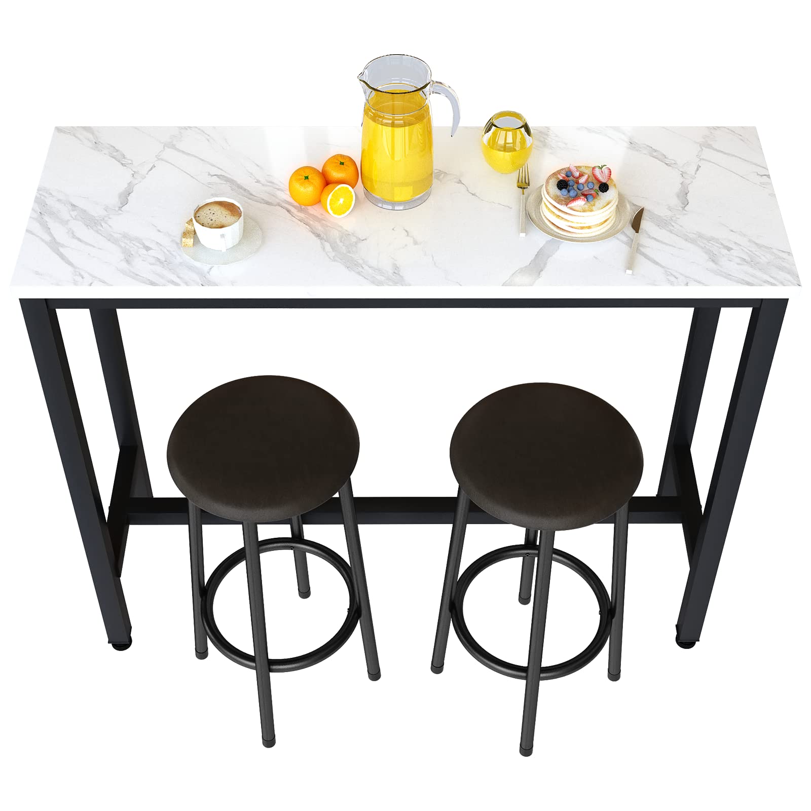 Recaceik 47.2” White Rectangle Pub Dining Table Set with 2 Stools - 3-Piece Metal Frame Kitchen & Breakfast Table for Dining Room, Bar or Small Space - Perfect for Apartments, Condos and Cozy Home Dining