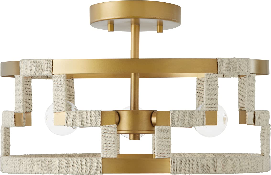 Capital Lighting 241031NL Hala Modern Greek Key Inspired Drum Pendant/Semi Flush Ceiling Light - 3-Light 180W, Bleached Natural Jute Shade, Patinaed Brass Finish (6