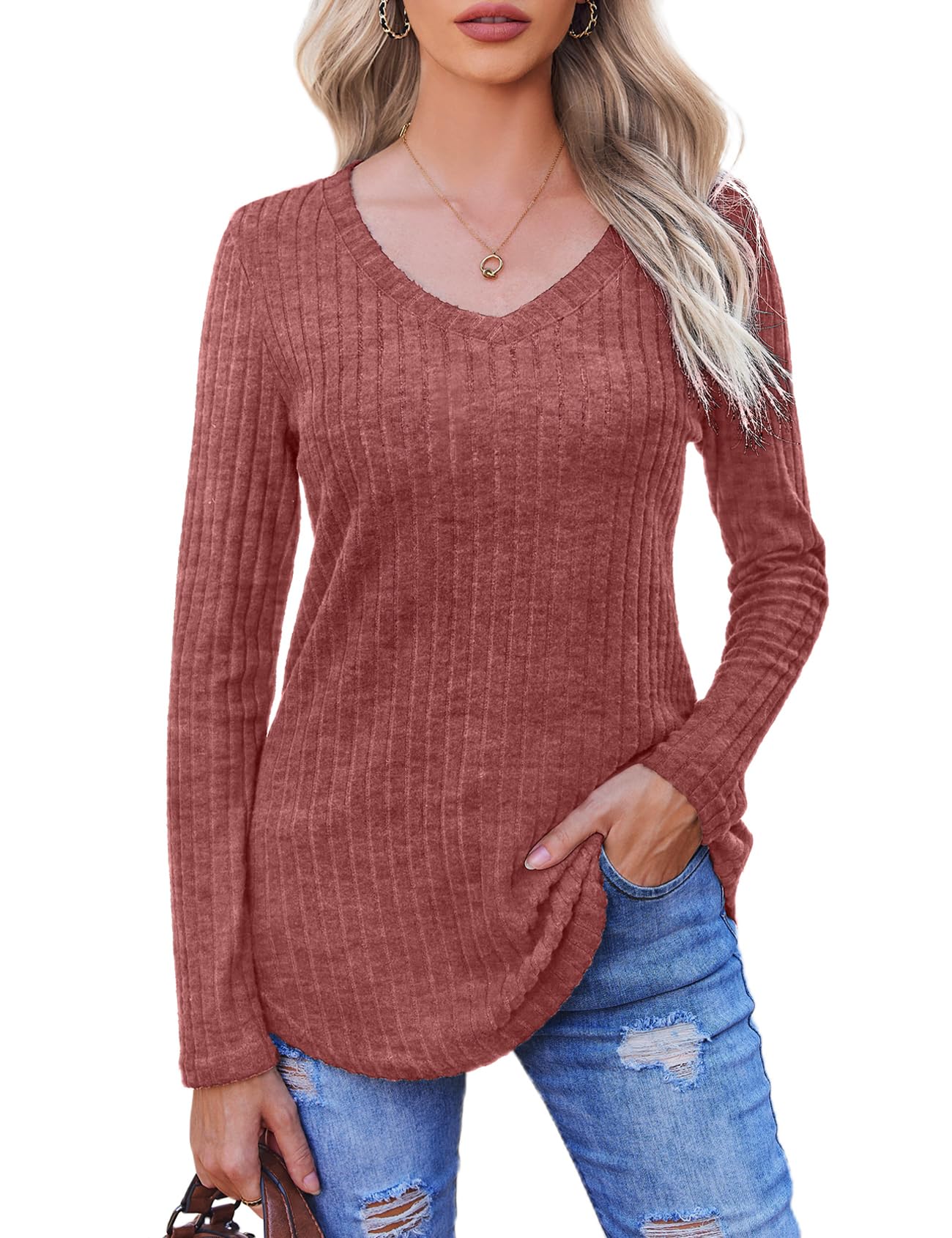 Halife Women's Long Sleeve V-Neck Lightweight Sweater Tops - Soft Casual Tunic Shirt for Fall & Winter, Perfect for Office, Date Night and Everyday Wear