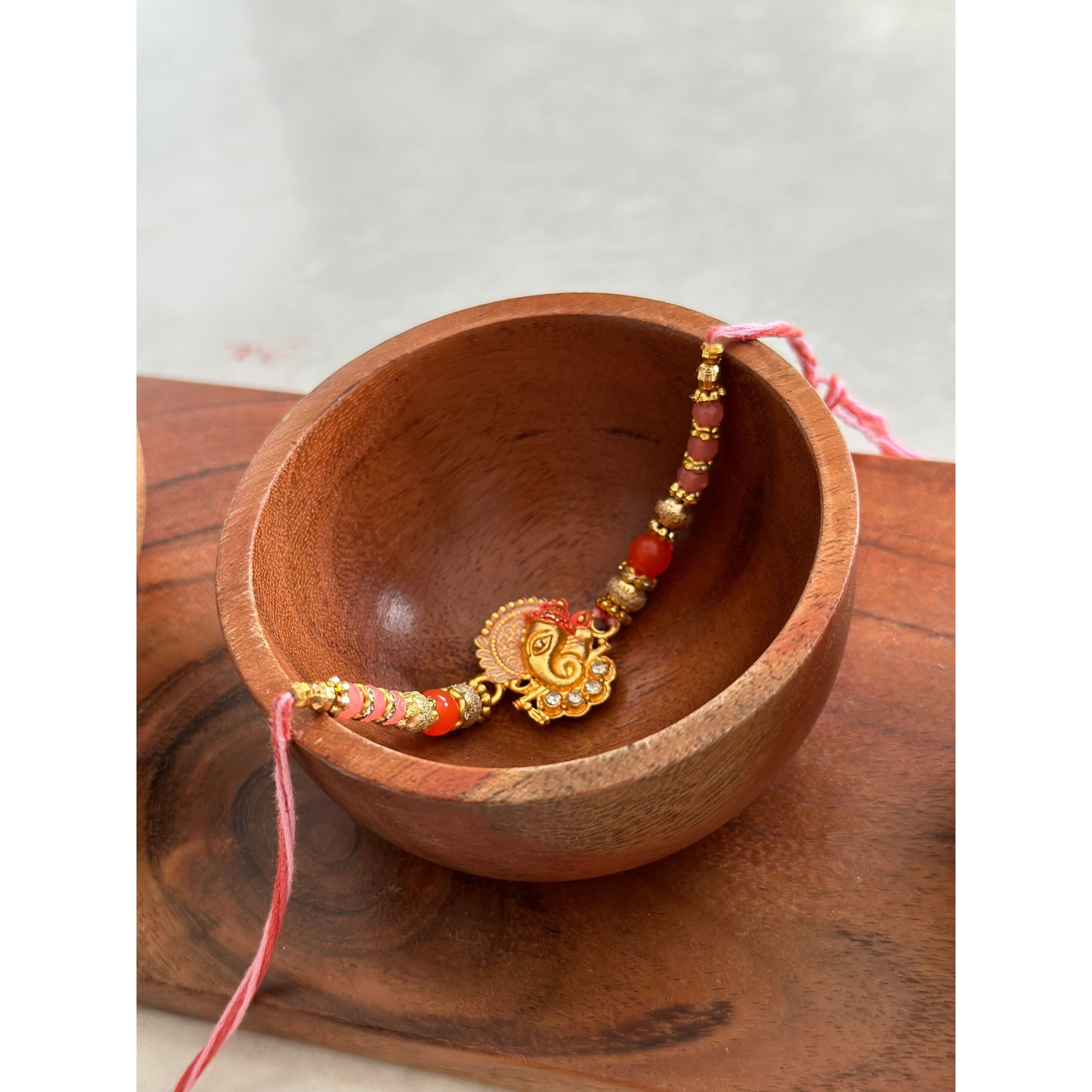 Beautiful Ganesha Rakhi with White Stones - Traditional Indian Bracelet for Raksha Bandhan, Brother's Day & Festive Celebrations
