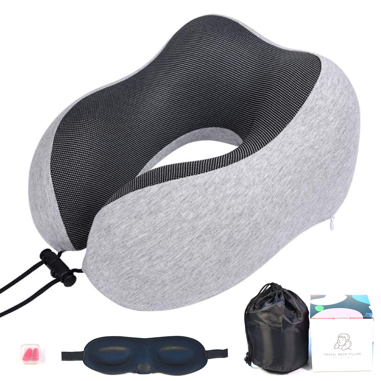 Ultra Comfort Memory Foam Travel Pillow Set with Adjustable Neck Support, Soft Eye Mask & Noise Cancelling Earplugs - Perfect for Airplane, Car & Train Travel, Office Naps & Relaxation