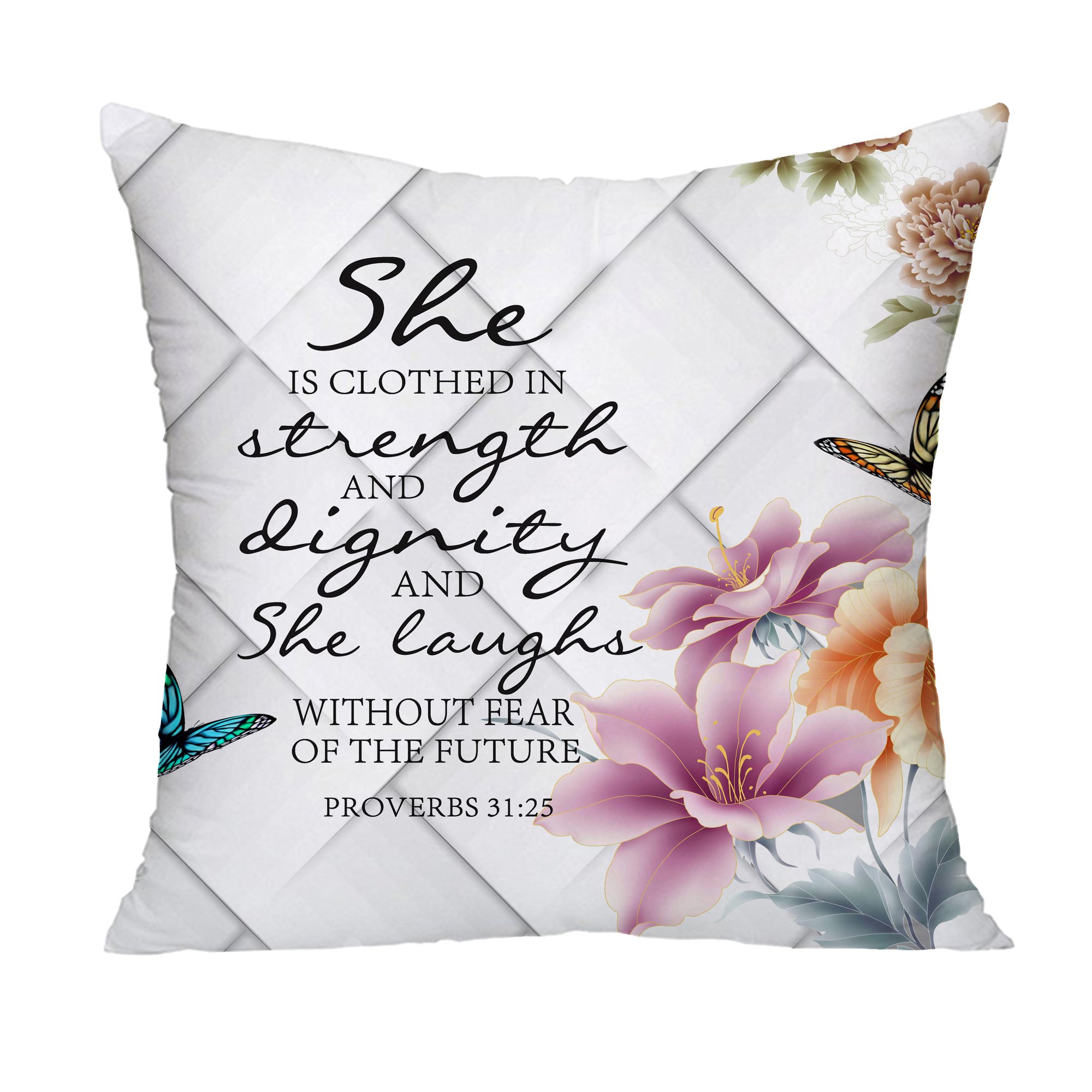 LOZO Proverbs 31:25 Pillow Cover - Butterfly Floral Bible Verse Cushion for Sofa & Home Decor