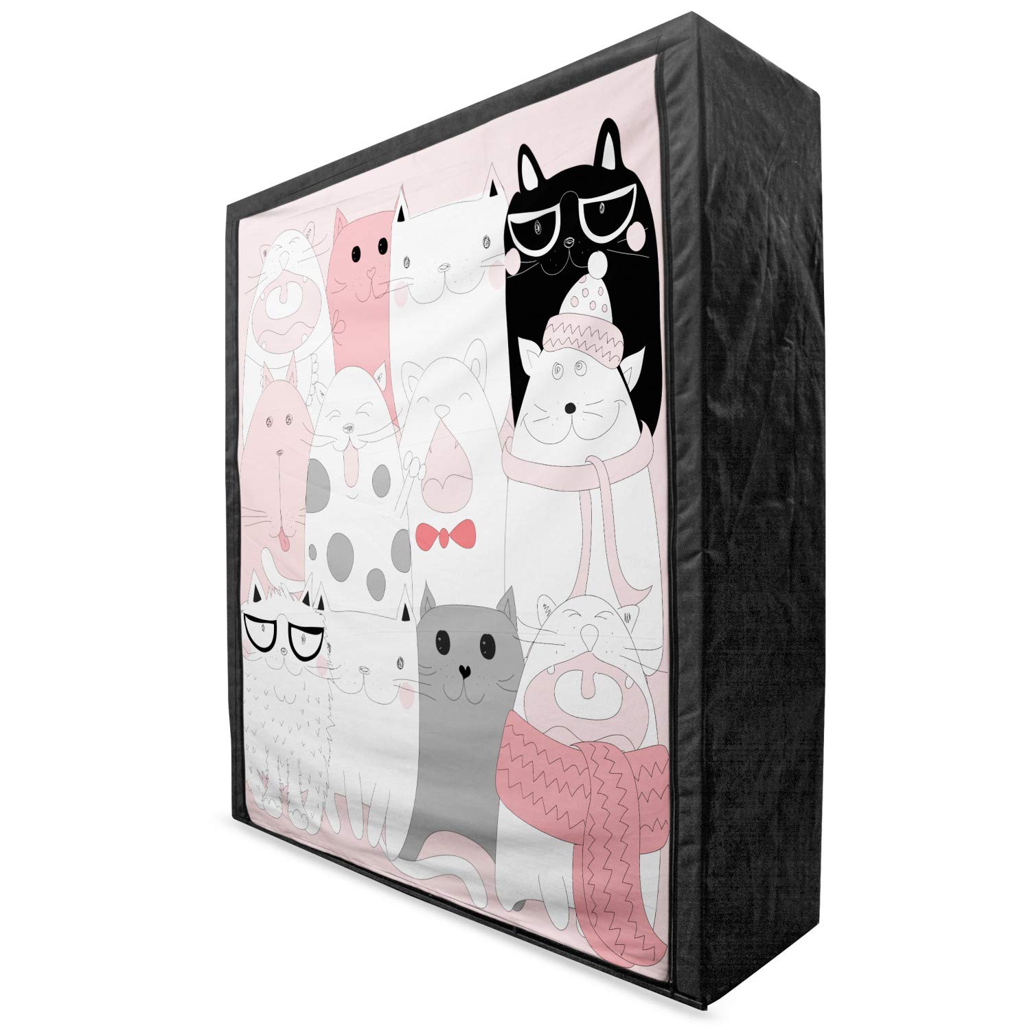 Ambesonne Cat Portable Fabric Wardrobe - Funny Cartoon Kittens with Glasses & Scarves Design, 59 Inch Clothing Organizer with Shelves | Perfect for Bedroom, Kids Room & Dorm Storage | Pale Pink White Black