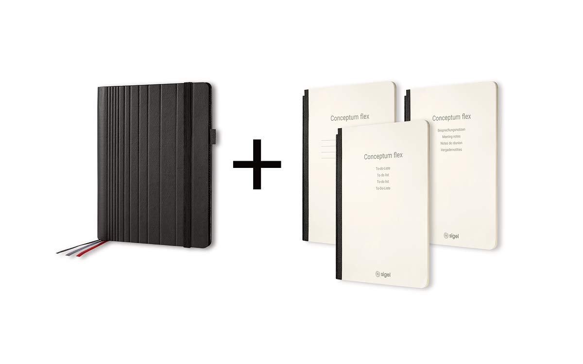 SIGEL CF133 Business Organizer Notebook Set - 3 Pack A5 Faux Leather Journals for Office, School & Travel - Black Professional Writing Notebooks for Meetings, Note Taking & Daily Planning