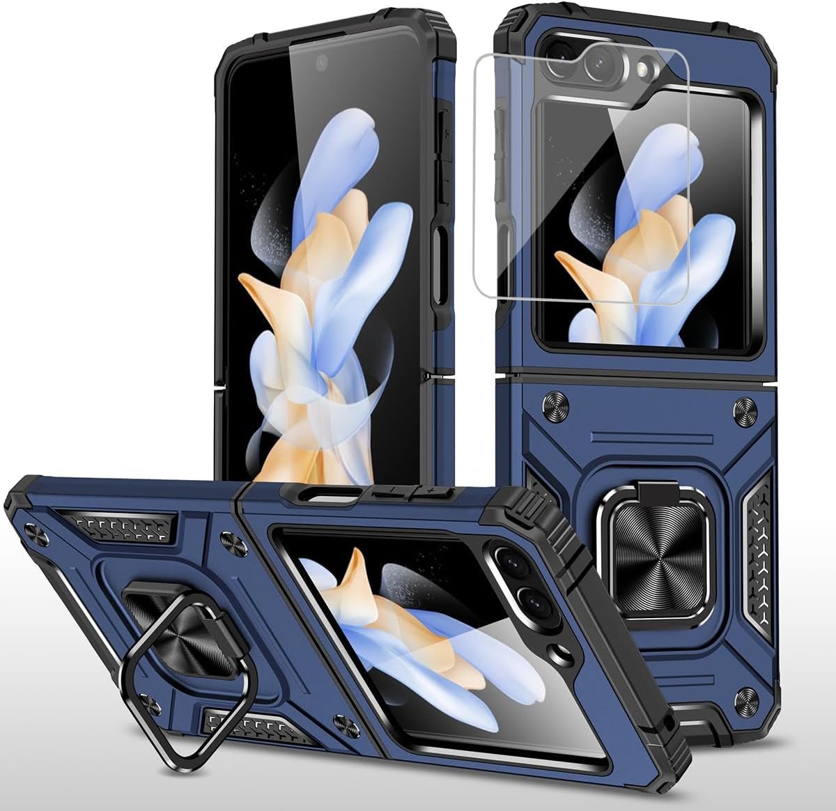 Samsung Galaxy Z Flip 6 5G Case with Tempered Glass Screen Protector - 360° Magnetic Ring Holder, Military-Grade Shockproof Drop Protection (Blue) - Perfect for Daily Use, Travel & Outdoor Activities