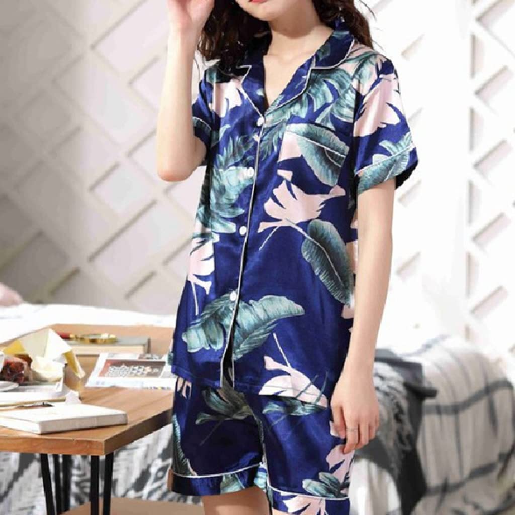 Women's Satin Pajama Set - Summer Short Sleeve Sleepwear with Turn-Down Collar & Shorts - Soft Silk-Like Nightwear for Lounge, Sleep & Travel (Large, Color C)