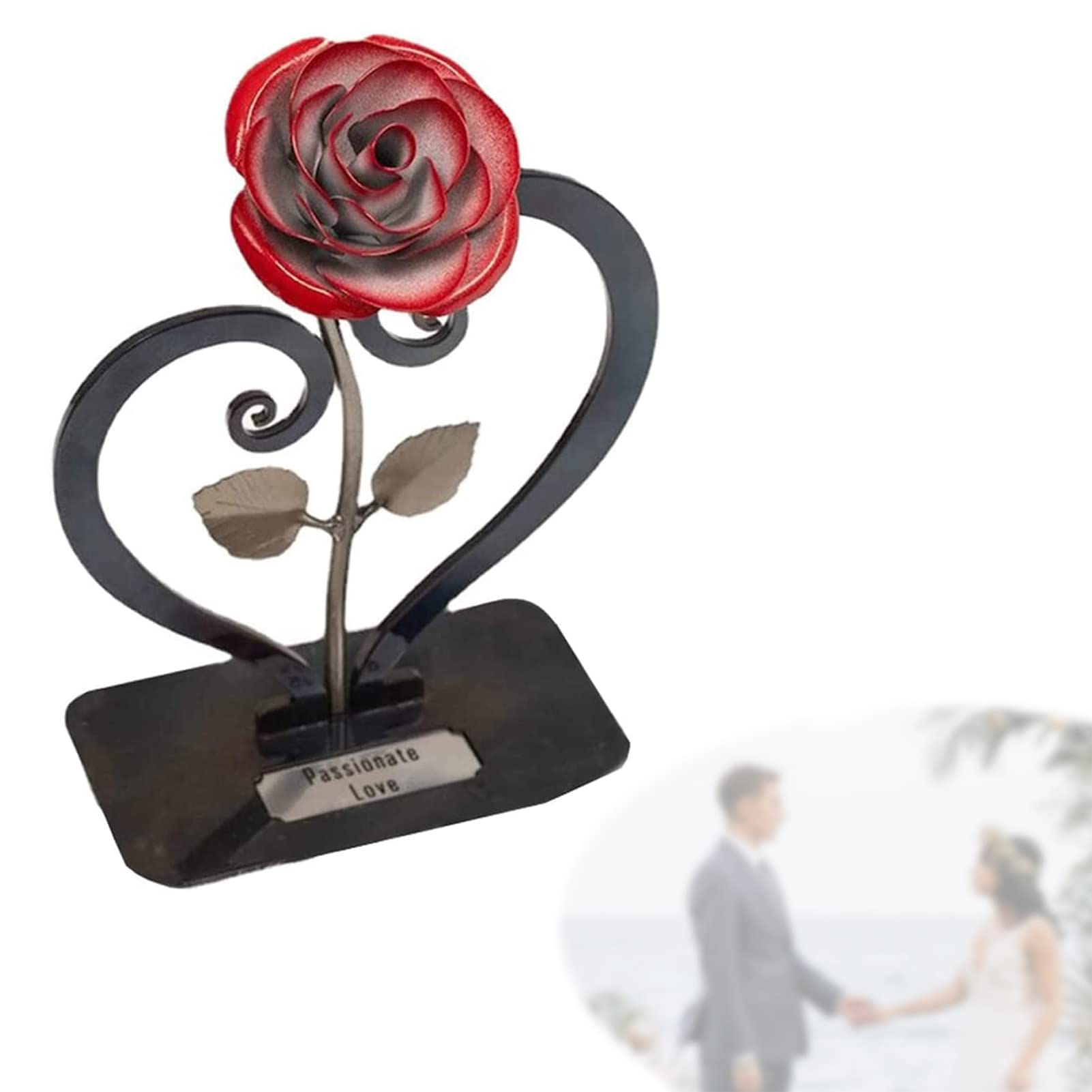 Hand-Forged Metal Rose Sculpture with Heart-Shaped Stand - Unique Valentine's Gift for Her, Anniversary Present, Romantic Home Decor