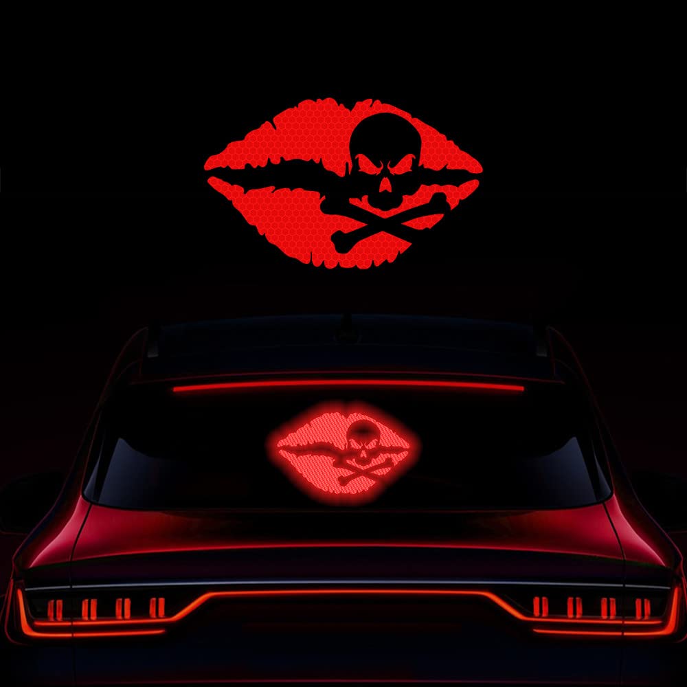 2pcs High-Intensity Reflective Skull Lips Car Decal - Waterproof Vinyl Stickers for Cars, Bumpers, Windows, Laptops, Motorcycles & Helmets - Kiss of Death Design (Red) - Perfect for Night Driving Safety & Gothic Vehicle Customization