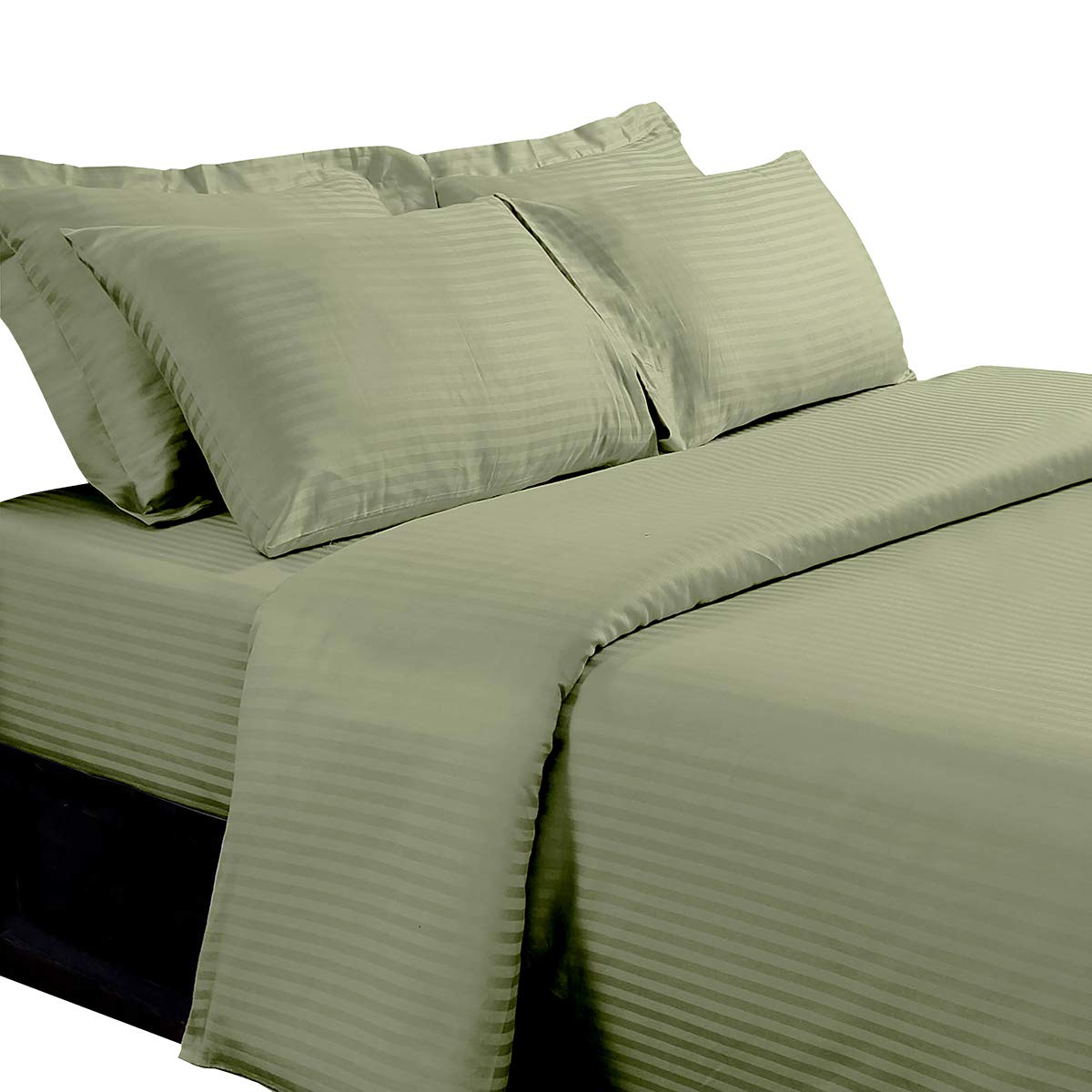 8-Piece Full Size Bed in a Bag Set - 100% Cotton 600 Thread Count Striped Sage Sheet & Duvet Cover + All Season White Down Alternative Comforter | Soft Luxury Bedding for Guest Rooms, Dorms & Cozy Home Decor