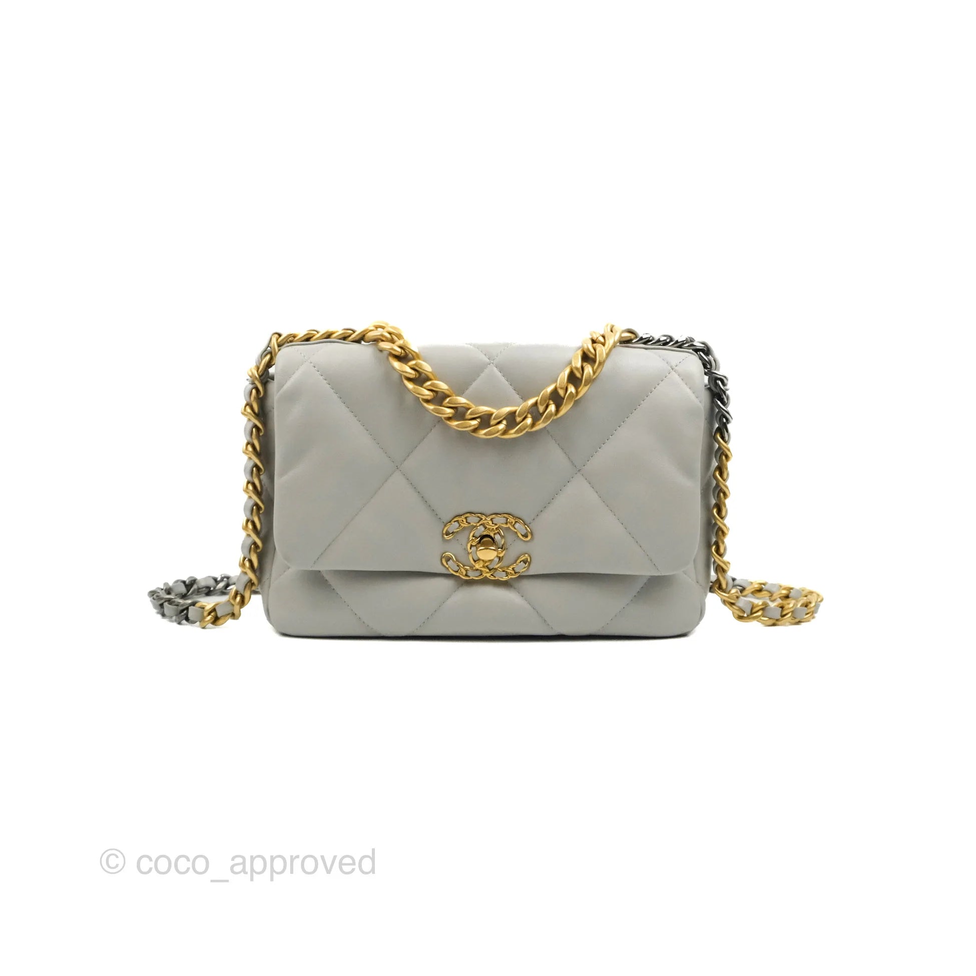 Chanel 19 Small Grey Lambskin Leather Bag with Mixed Gold & Silver Hardware - Perfect for Everyday Luxury & Evening Events
