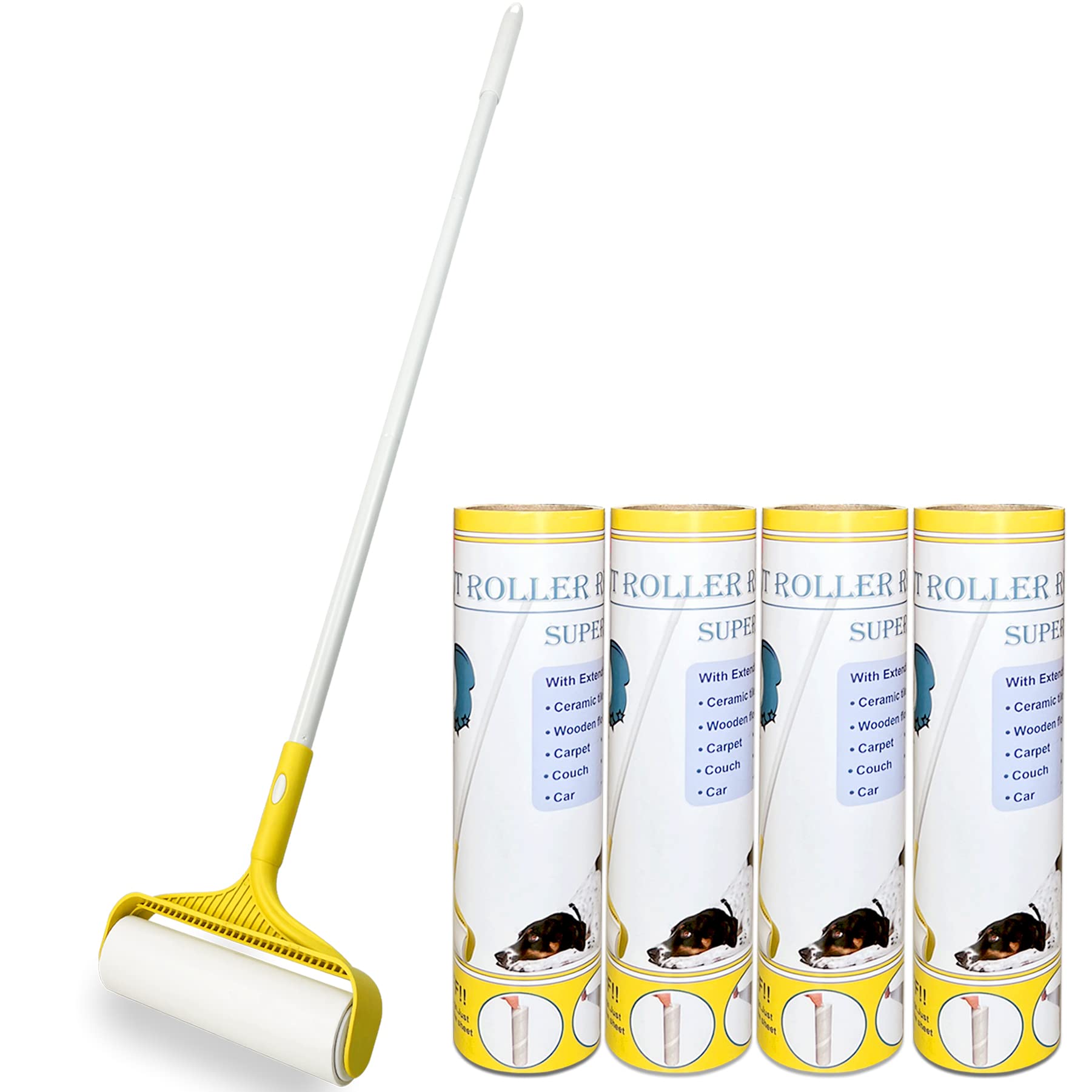 Extra Sticky Large Floor Lint Roller for Pet Hair - Extendable Long Handle Carpet Lint Remover with 4 Refills - Perfect for Home, Office & Car Cleaning