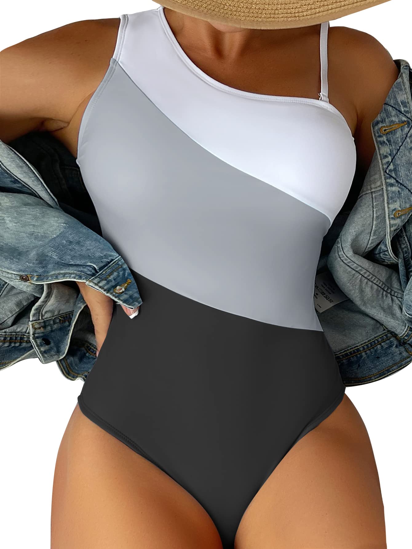 **Stylish Women's One Shoulder Color Block Cut Out Swimsuit - Sexy One Piece Bathing Suit for Beach, Pool, Vacation & Summer Fashion**