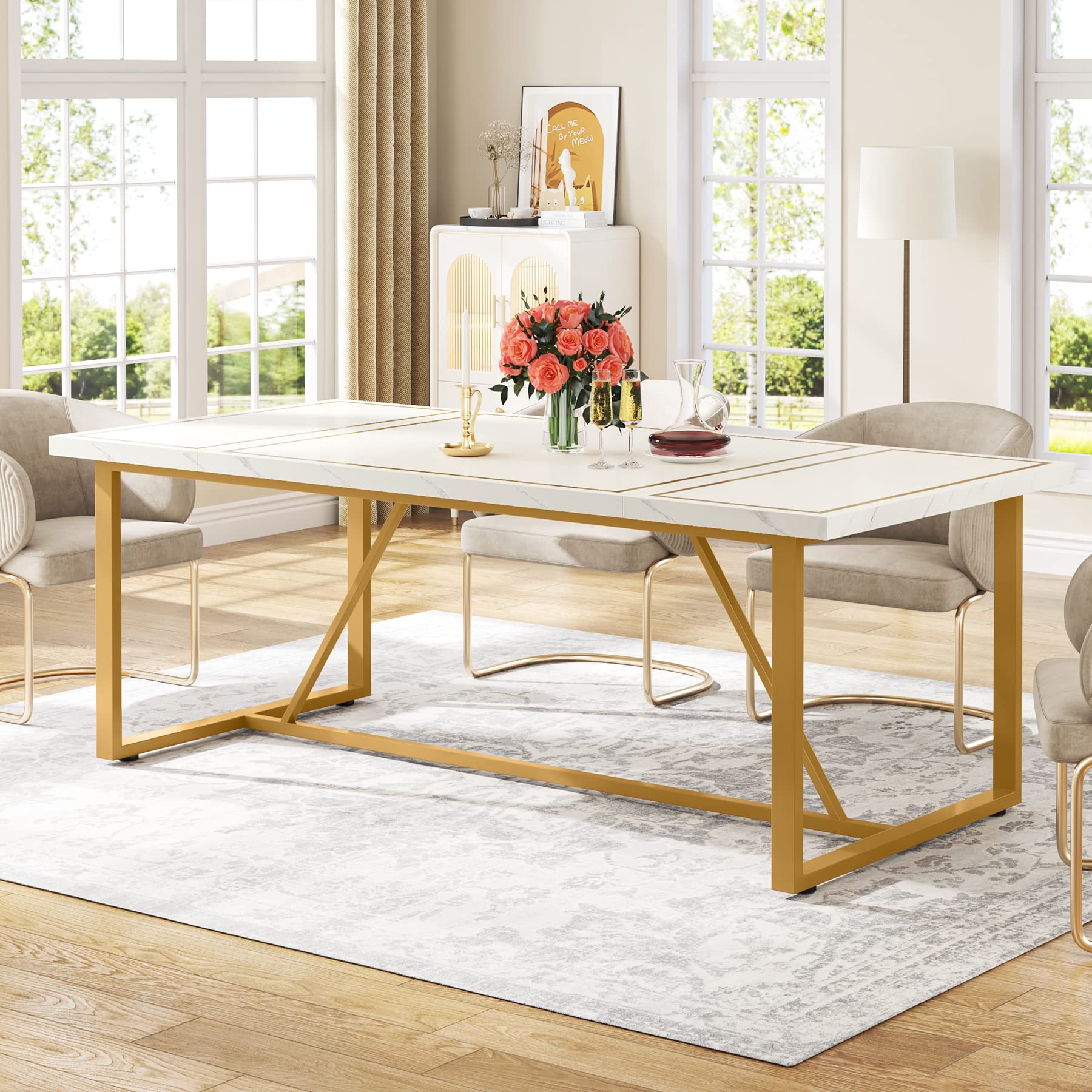 Tribesigns 70.9 Inch Modern White Dining Table with Gold Metal Base - Seats 6-8, Rectangle Kitchen & Dining Room Table for Family Gatherings, Dinner Parties & Daily Meals