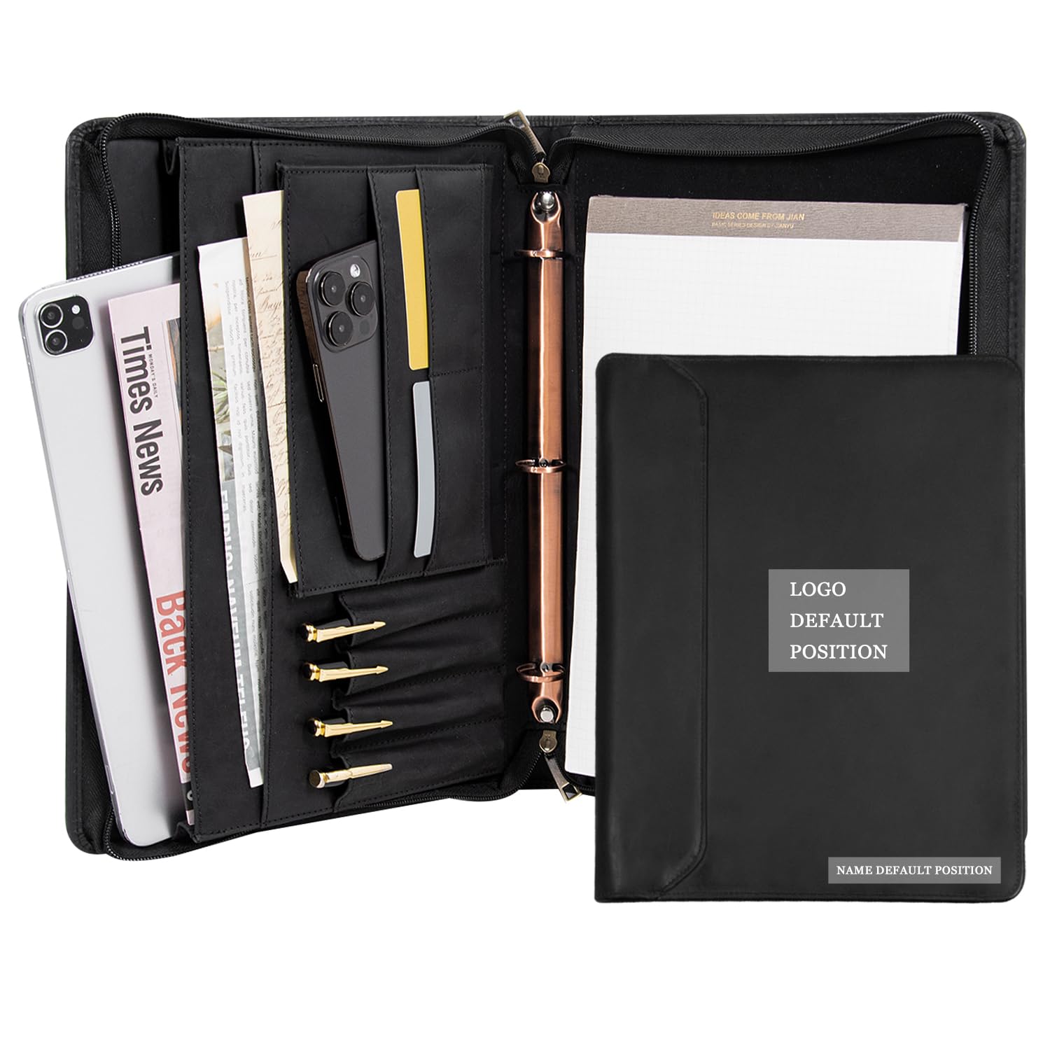 **Personalized Leather Portfolio for Men - Custom Engraved Name, Genuine Leather 3-Ring Binder Organizer with A4 Writing Pad - Handmade Business Gift for Professionals, Executives & Graduates (Black) - Perfect for Meetings, Presentations & Corporate Gifts**