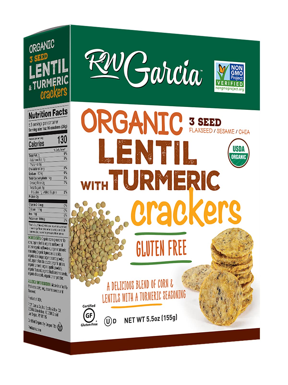Organic Lentil & Turmeric Crackers Gluten Free Snacks - 6 Pack (5.5oz Each) | Healthy Vegan Crackers for Parties, Travel & On-the-Go Snacking