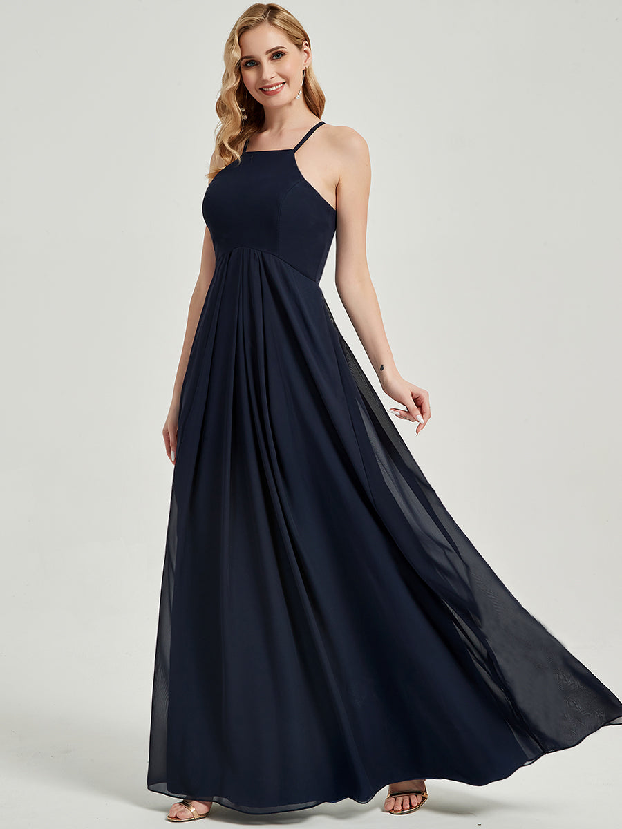 Elegant Dark Navy Halter Sleeveless Empire Waist Pleated Backless Chiffon Bridesmaid Dress for Wedding Party, Formal Occasions & Special Events
