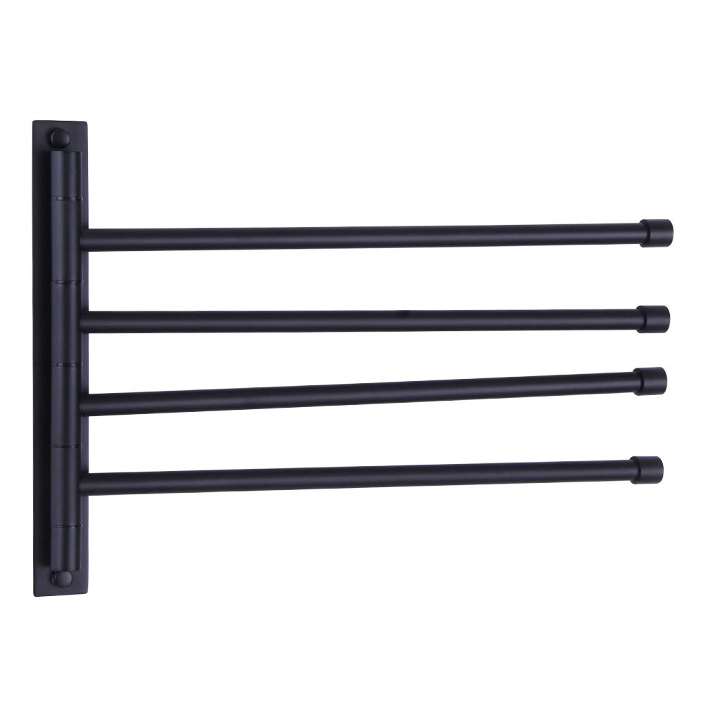 GERZWY 4-Arm Swivel Towel Bar - 304 Stainless Steel Bathroom Swing Hanger, Wall Mount Towel Rack Holder with Space Saving Design - Matte Black (HYG04-BK) for Modern Bathroom, Kitchen, Laundry Room Organization