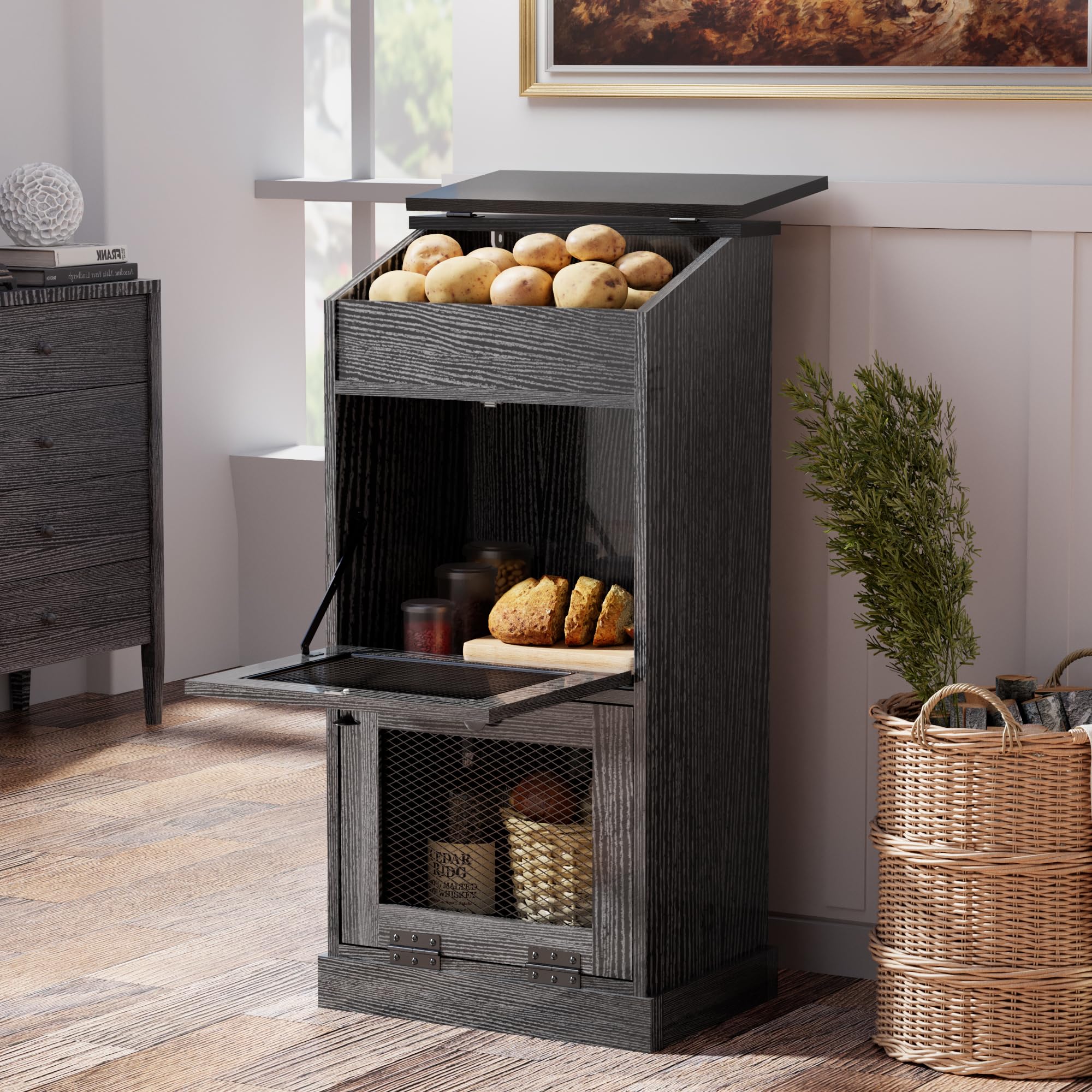 ONG Wooden Potato & Onion Storage Bin with Lid - Decorative Bread & Vegetable Storage Box with Grocery Section - Black - Perfect for Kitchen Pantry Organization & Farmhouse Style Decor