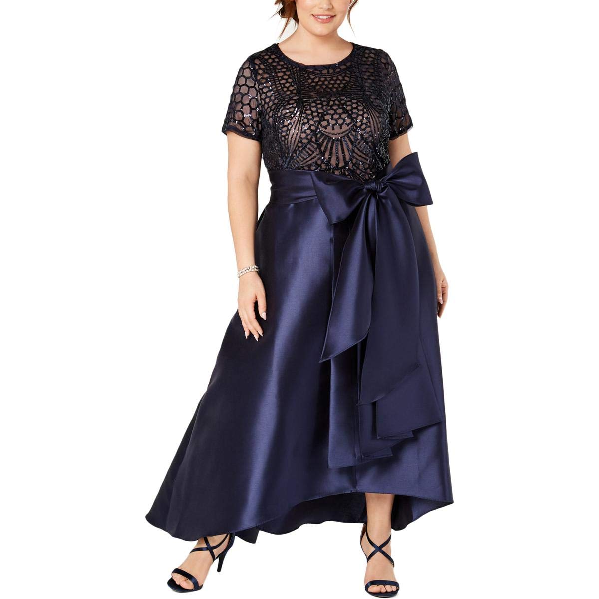 R&M Richards Women's Plus Size Sequined Mesh Formal Evening Gown in Navy Blue - Size 22W | Elegant Party Dress for Weddings, Galas & Special Occasions