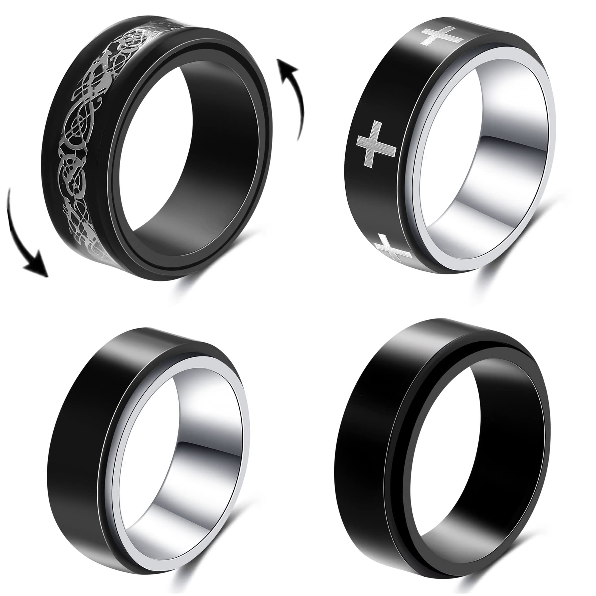 4Pcs Stainless Steel Spinner Ring - Anti Anxiety Fidget Ring for Men & Women, Black Simple Cool Stress Relief Ring - Perfect for Anxiety Relief, ADHD, Focus & Office Relaxation