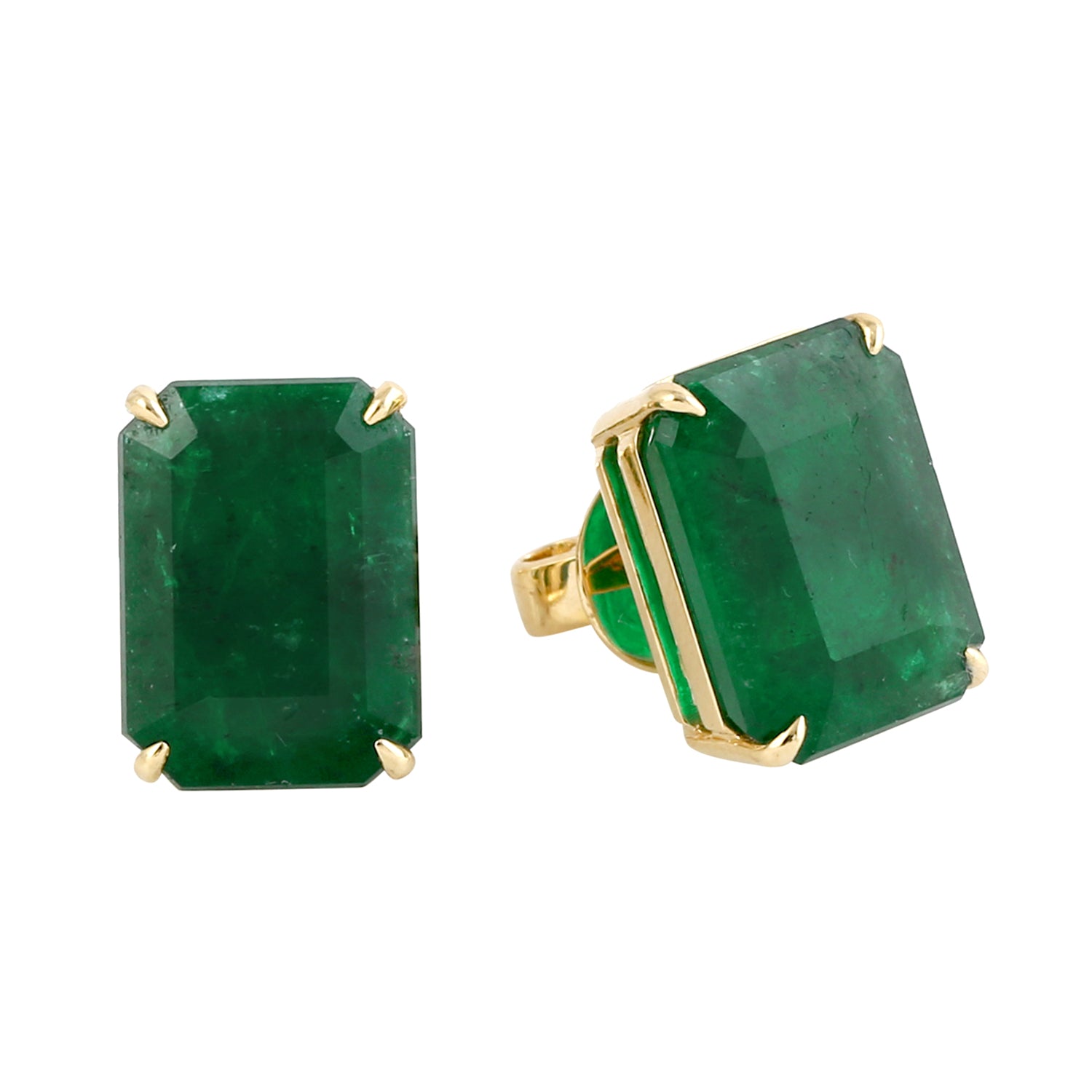 18K Yellow Gold Baguette Cut Emerald Stud Earrings for Women – Elegant Green Gemstone Jewelry for Parties, Weddings & Everyday Wear