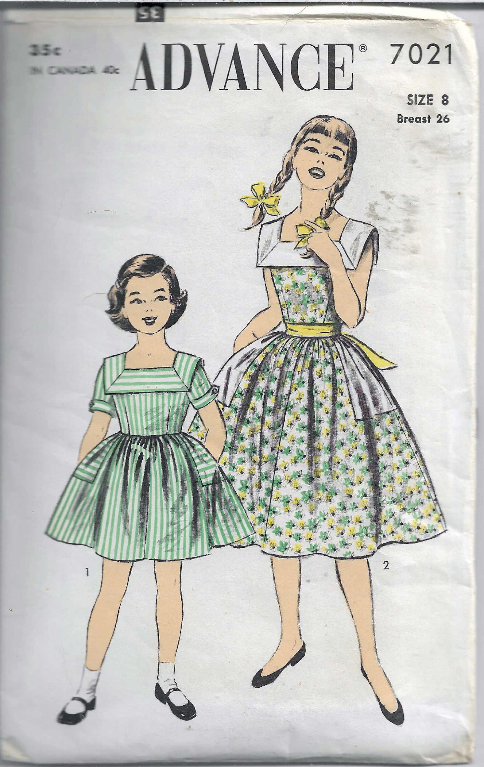 Vintage 1950s Girls Back Buttoned Dress Sewing Pattern - Advance 7021 for Retro Fashion & DIY Costume Projects