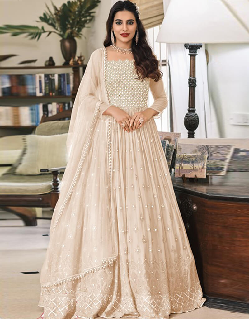 Elegant Beige Anarkali Style Suits - Faux Georgette Fabric for Women's Ethnic Wear - Perfect for Weddings, Festivals & Special Occasions