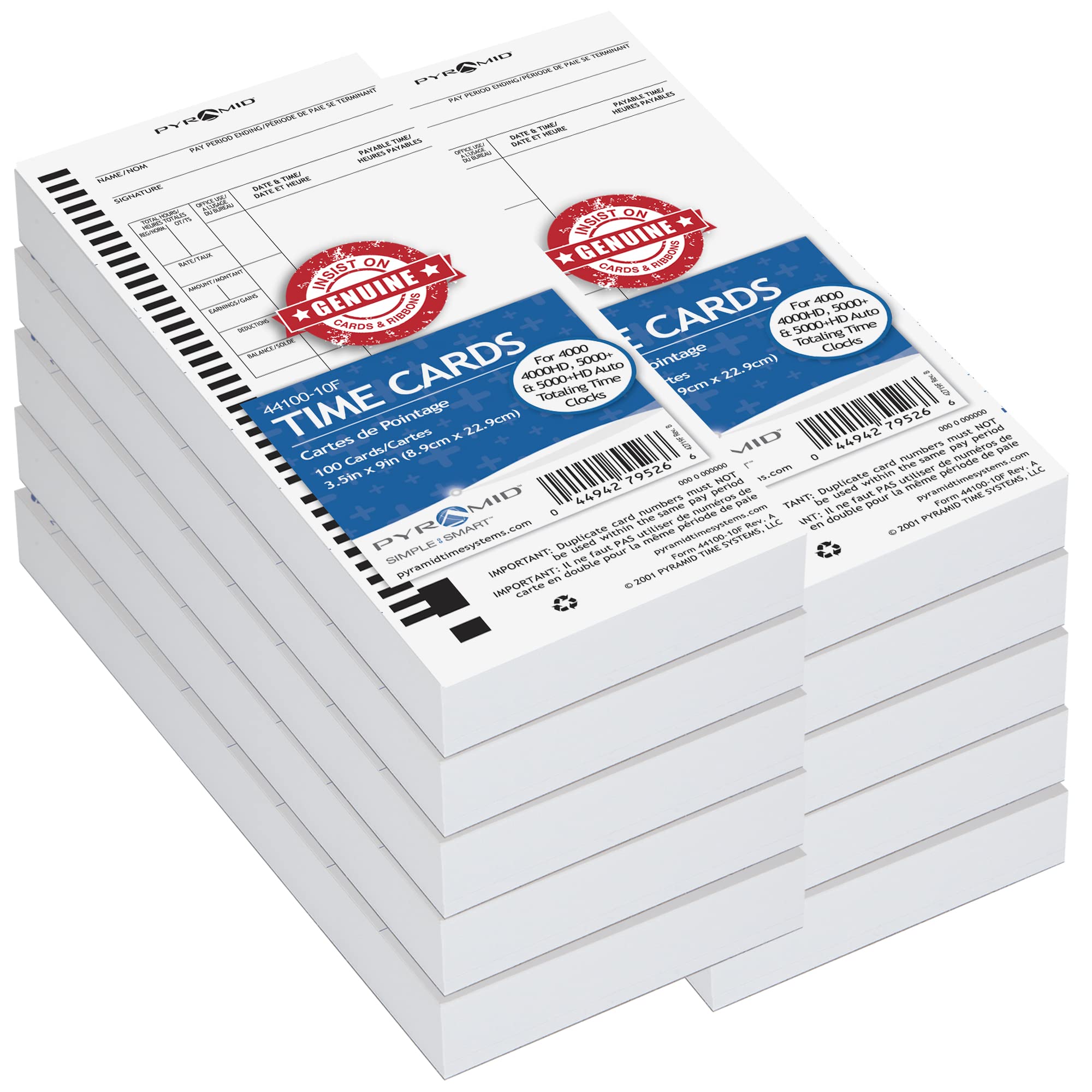 Genuine Pyramid Time Systems 44100-10FMB French Time Cards - 1,000 Count Pack for 4000, 4000PRO, 4000PROK & 5000 Series Time Clocks | Perfect for Office Attendance Tracking & Employee Time Management