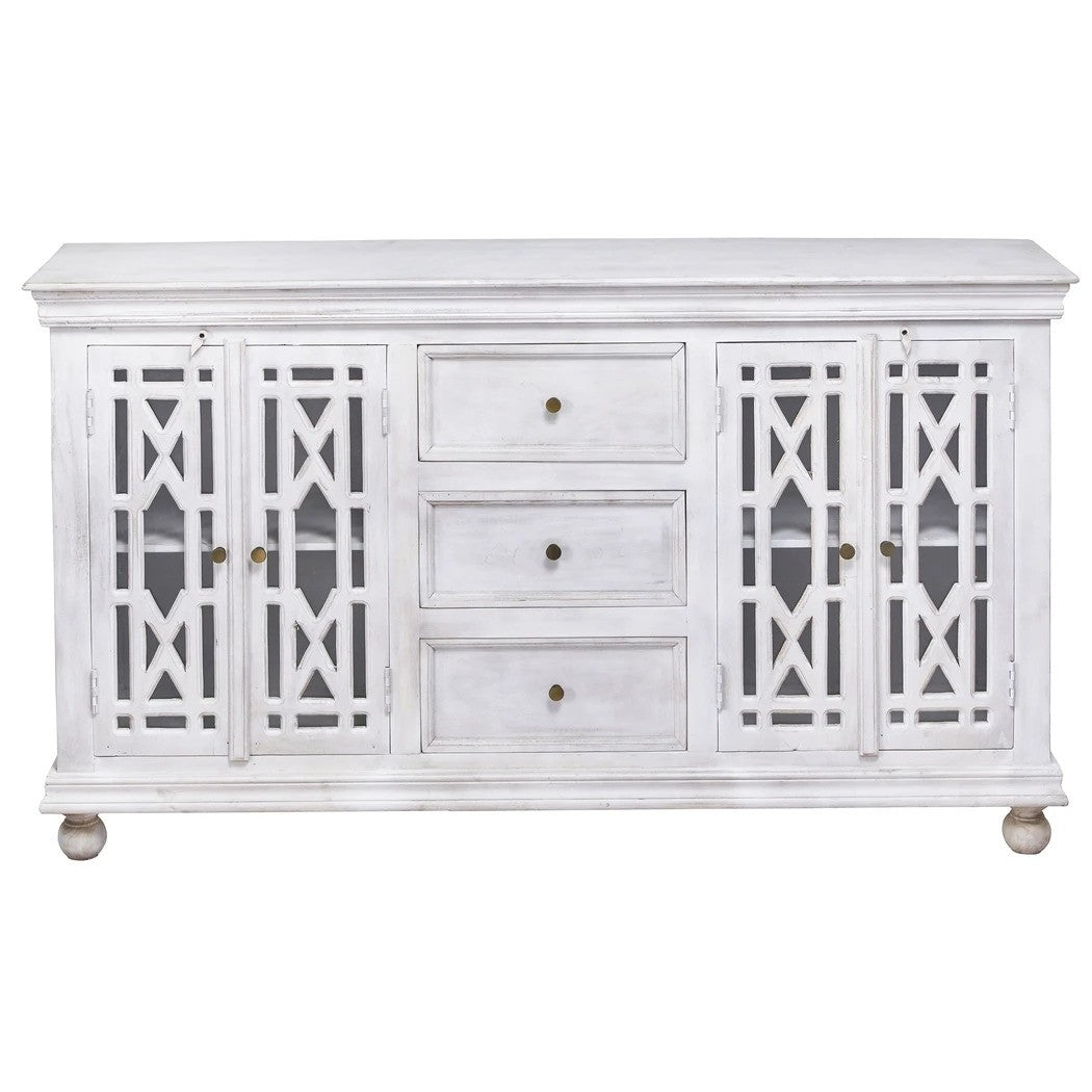 French Style Arched Hand Carved Wooden Glass Door Sideboard with 3 Drawers - White Buffet Cabinet for Dining Room, Living Room & Entryway Storage